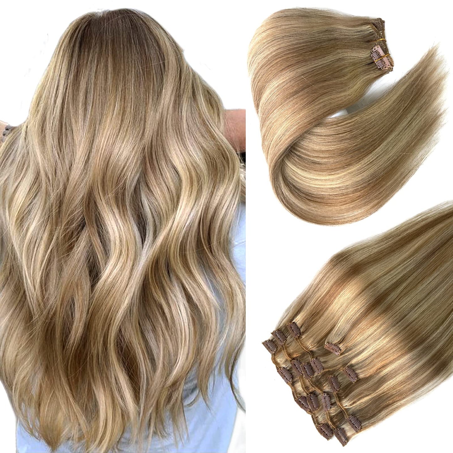 Hair Extensions Clip in Human Hair, Golden Blonde to Light Blonde Highlights Remy Human Hair Clip in Extensions 7 Pieces 70G Double Wefts 14 Inch Clip in Hair Extensions for Fine Hair Women