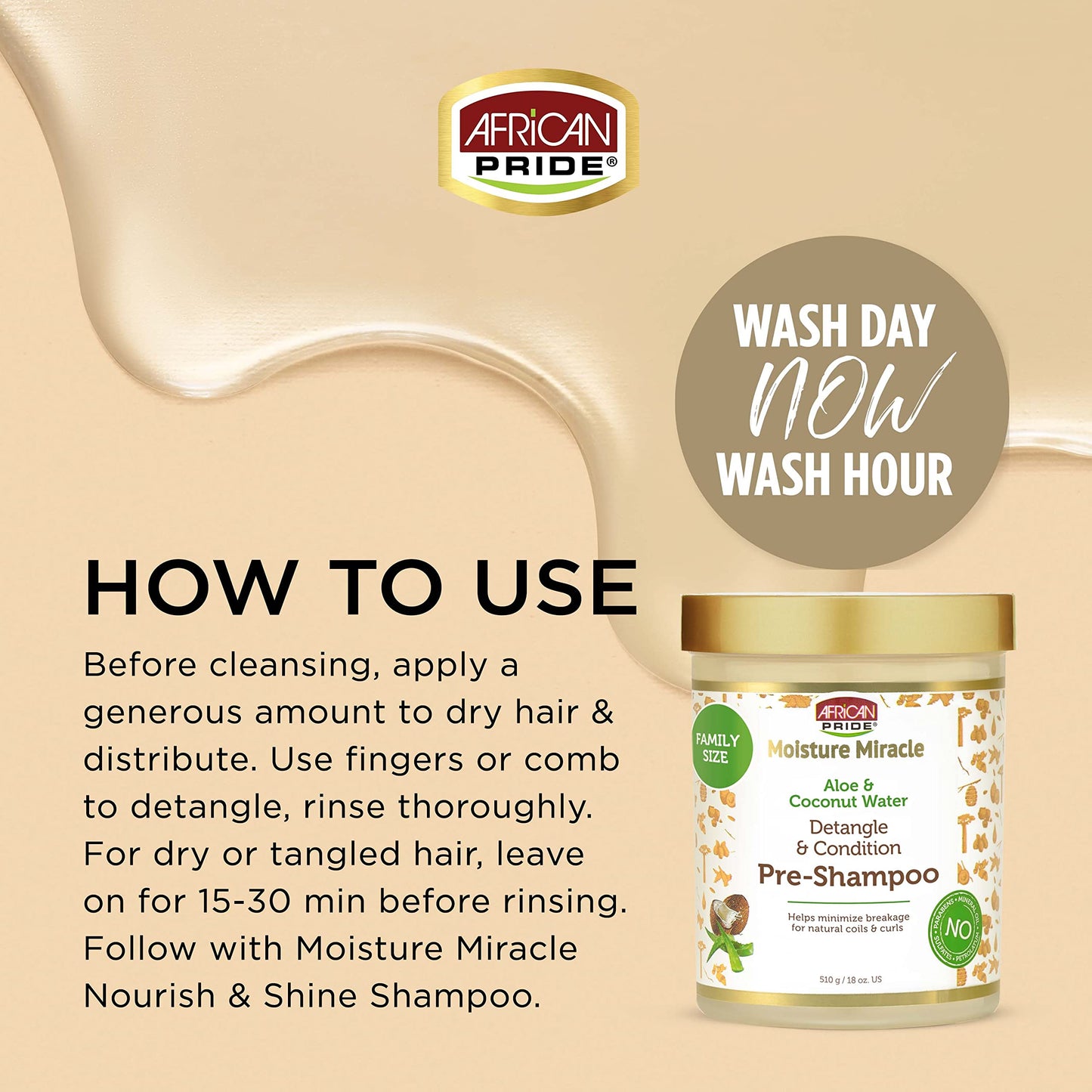 African Pride Moisture Miracle Aloe & Coconut Water Pre-Shampoo - Helps Minimize Hair Breakage for Natural Coils & Curls, Detangles & Conditions, 18 oz.