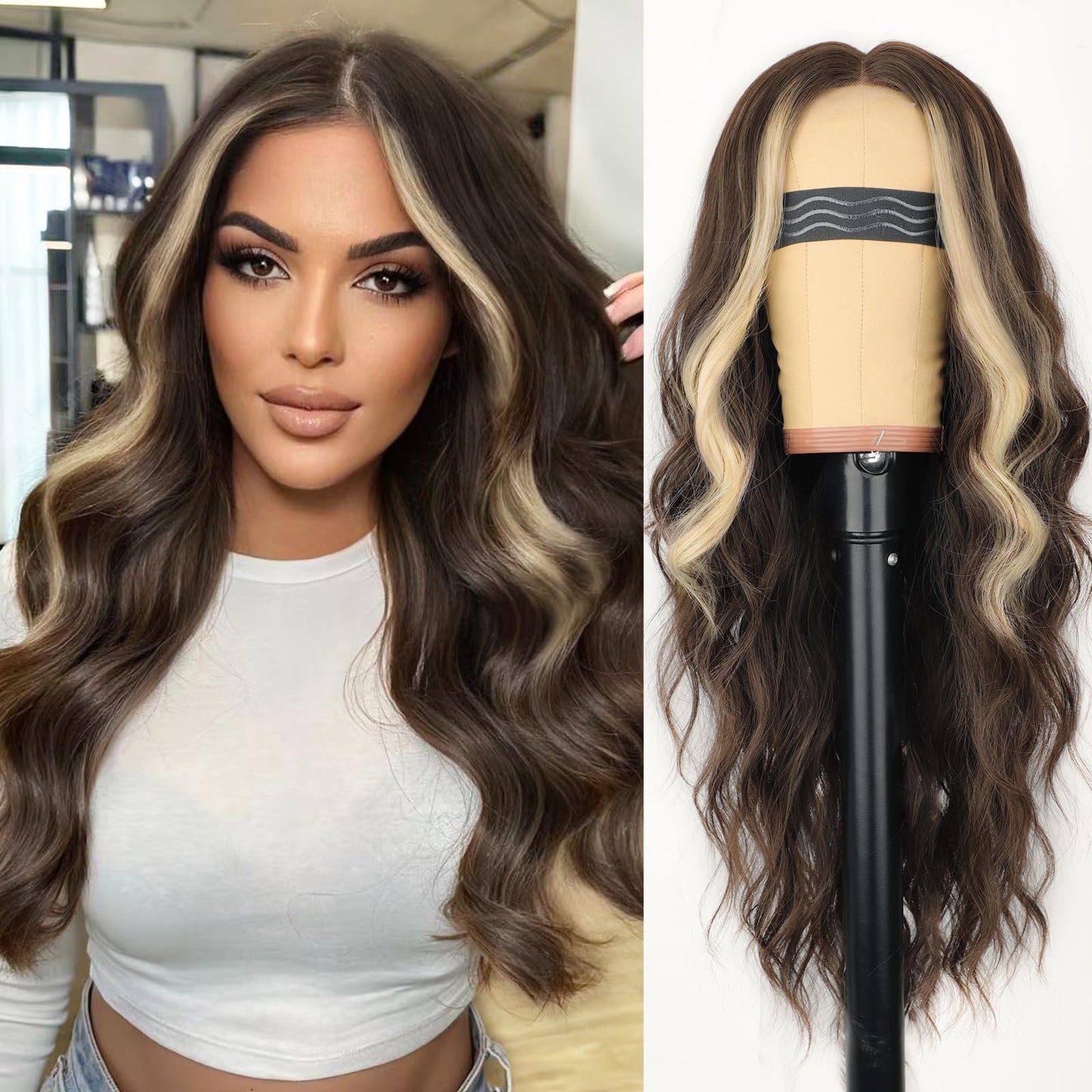 AISI HAIR Dark Brown Mixed Light Blonde Wig for Women, Long Wavy Lace Hairline Middle Part Synthetic Heat Resistant Wig for Daily Party-26 Inch
