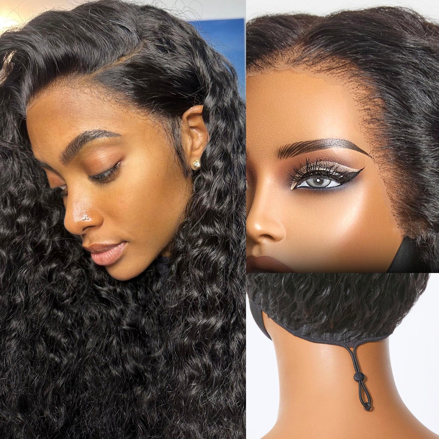 LUVME HAIR Flexi-Fit Invisi Drawstring Wig 13x4 Lace Wig PreMax Lace Wigs Water Wave Curly Lace Front Wigs Human Hair Pre Cut Plucked Lace Frontal 28 Inches Natural Black