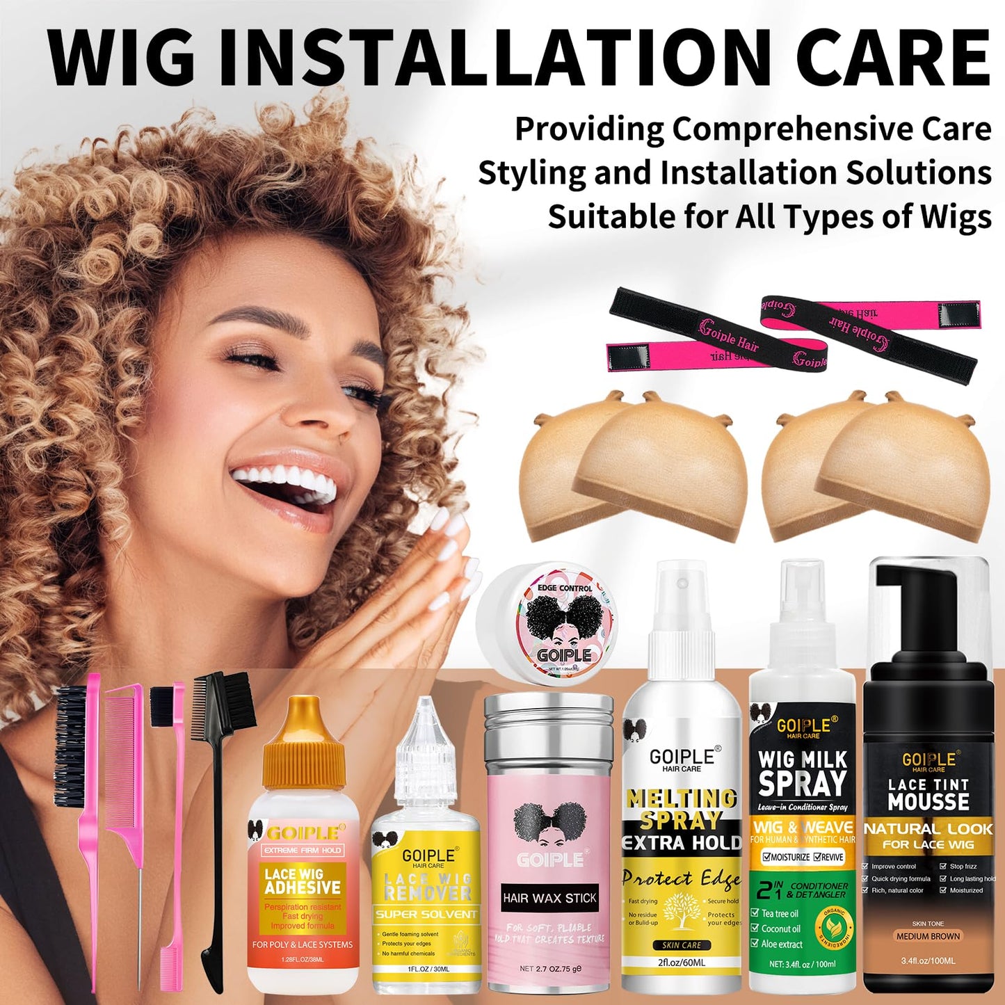 Lace Tint Mousse Wig Milk Spray for Synthetic Hair, Leave-in Conditioner Spray Conditioner & Detangler Moisturizer, Wig Glue for Lace Front Wigs Strong Hold Hair Adhesive Wigs Accessory Essentials Kit
