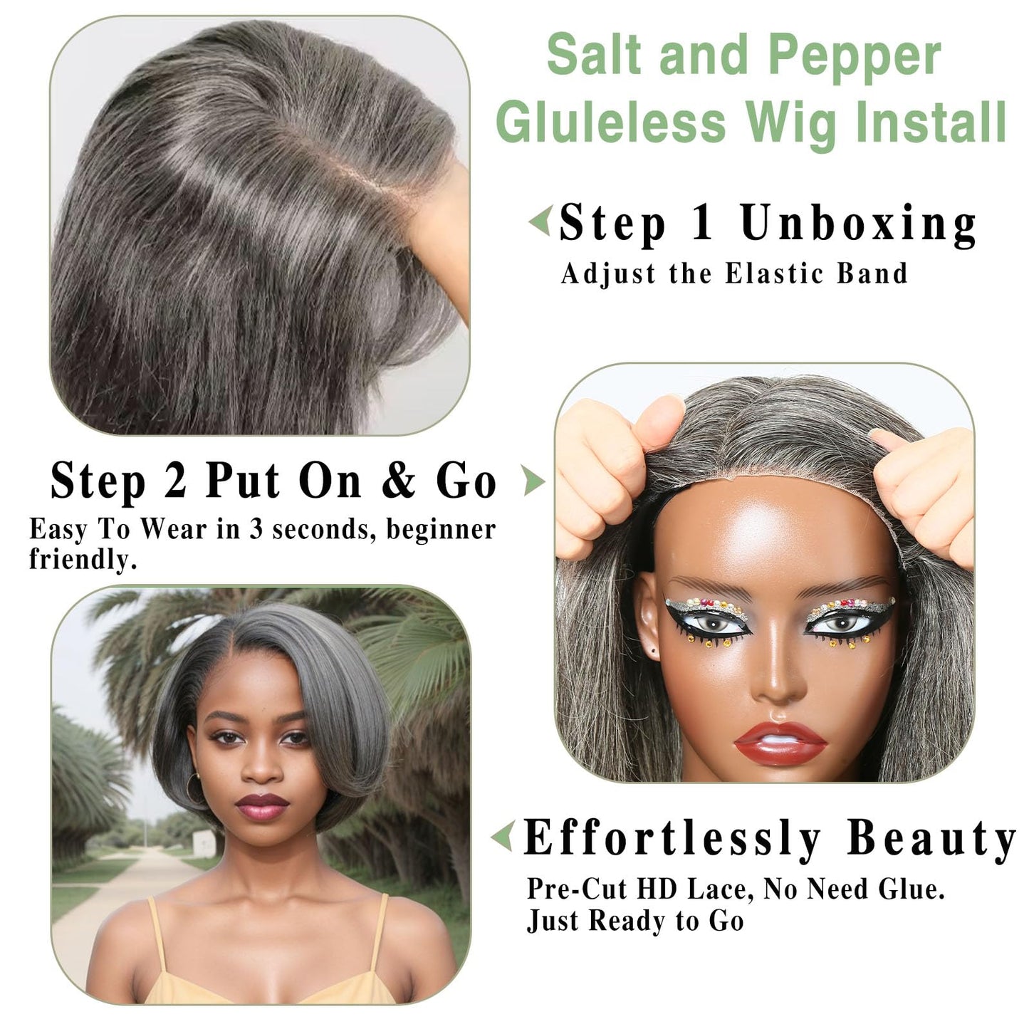 HANASCC 8" Glueless Straight Bob Salt and Pepper Wigs Human Hair Pre Plucked Gray Human Hair Wigs Short Pixie Cut Bob Wig Pre Cut 5x5 Closure HD Transparent Grey Lace Front Wigs for Women