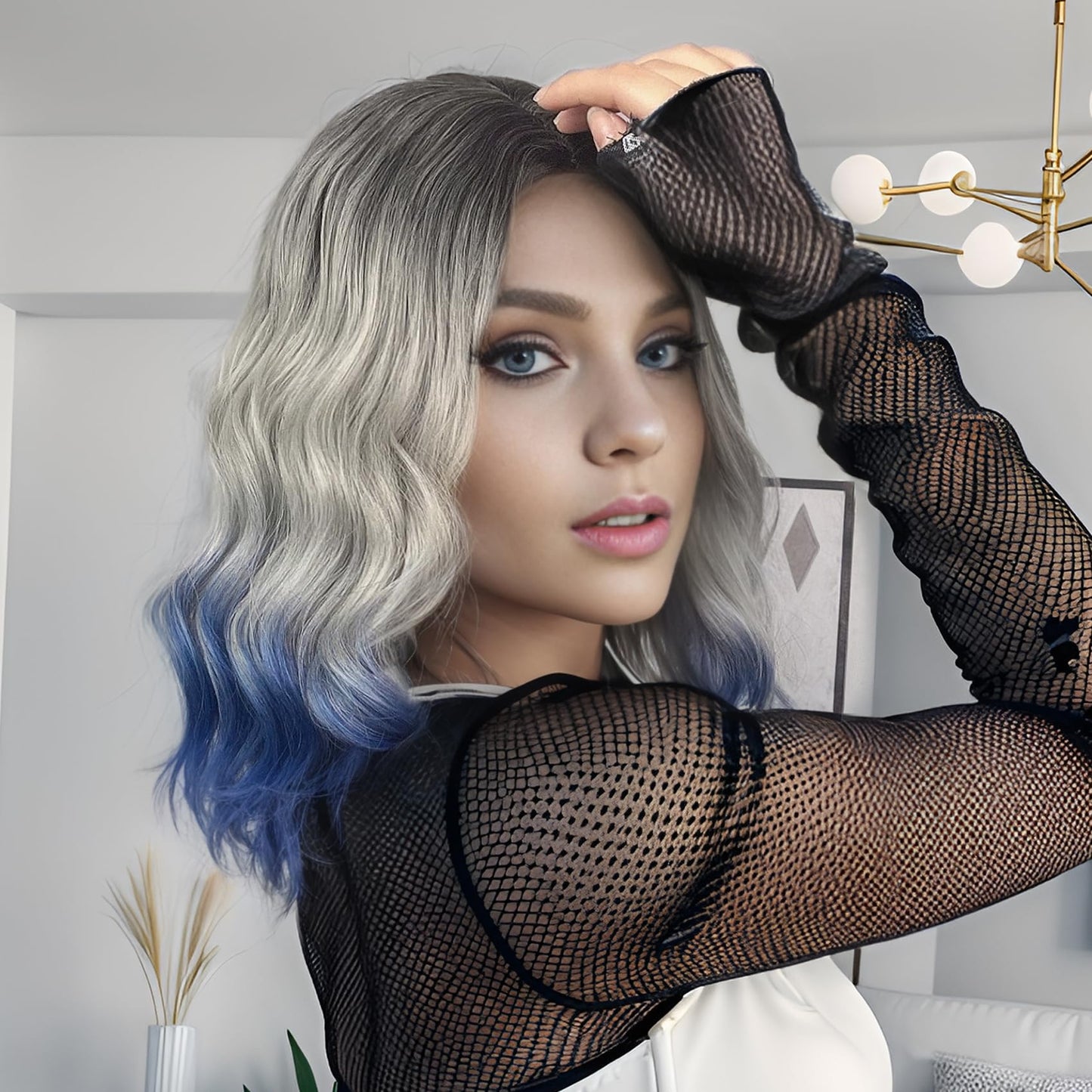 MUPUL Black Ombre silver gray To Blue Wig Short Body Wavy Bob Wigs for Women Shoulder Length Synthetic Cosplay Party Wig for Girls Daily Use Colorful Wigs