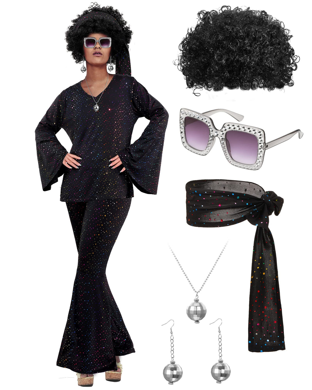 Jexine 70s Disco Outfit Women Sequin Sparkly Costume Black M