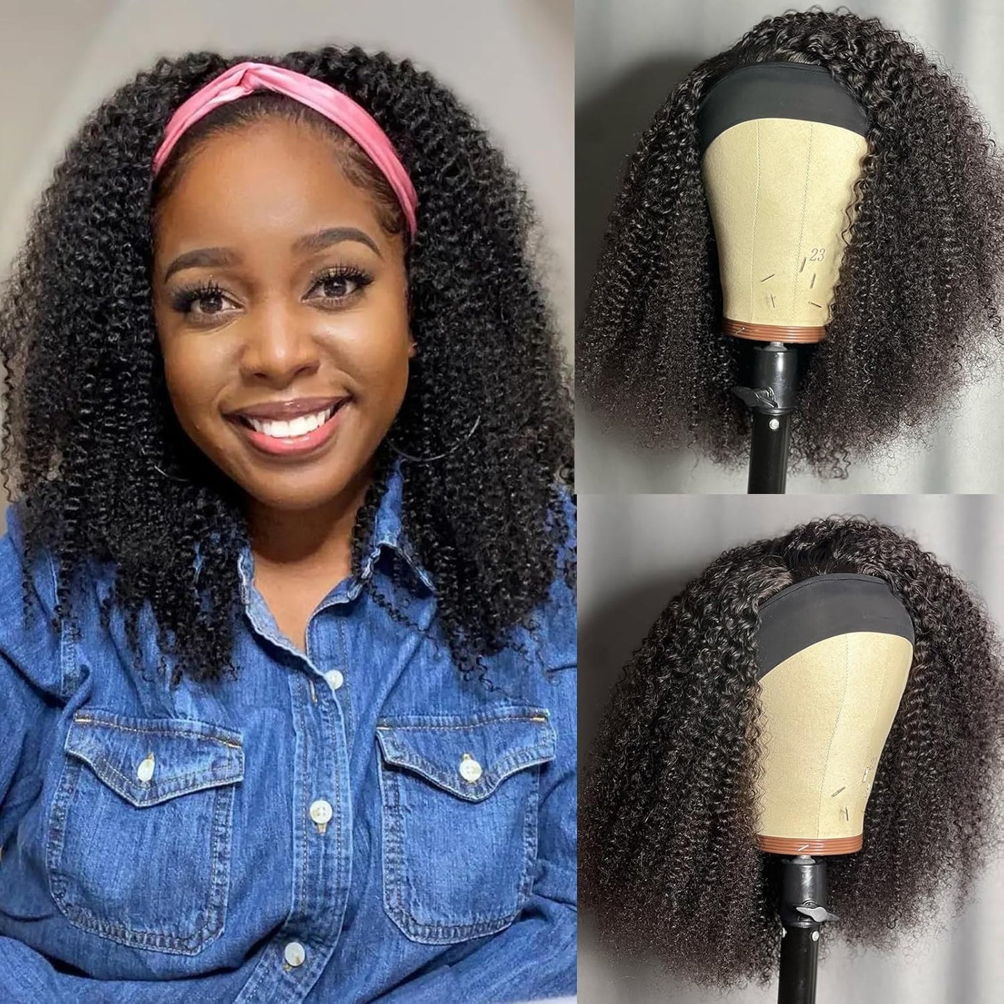 Kinky Curly Headband Wig Human Hair 12 Inch Headband Wigs for Women Human Hair Glueless None Lace Front Curly Wave Wigs Brazilian Virgin Hair Wear and Go Glueless Wig 150% Density Natural Black Color