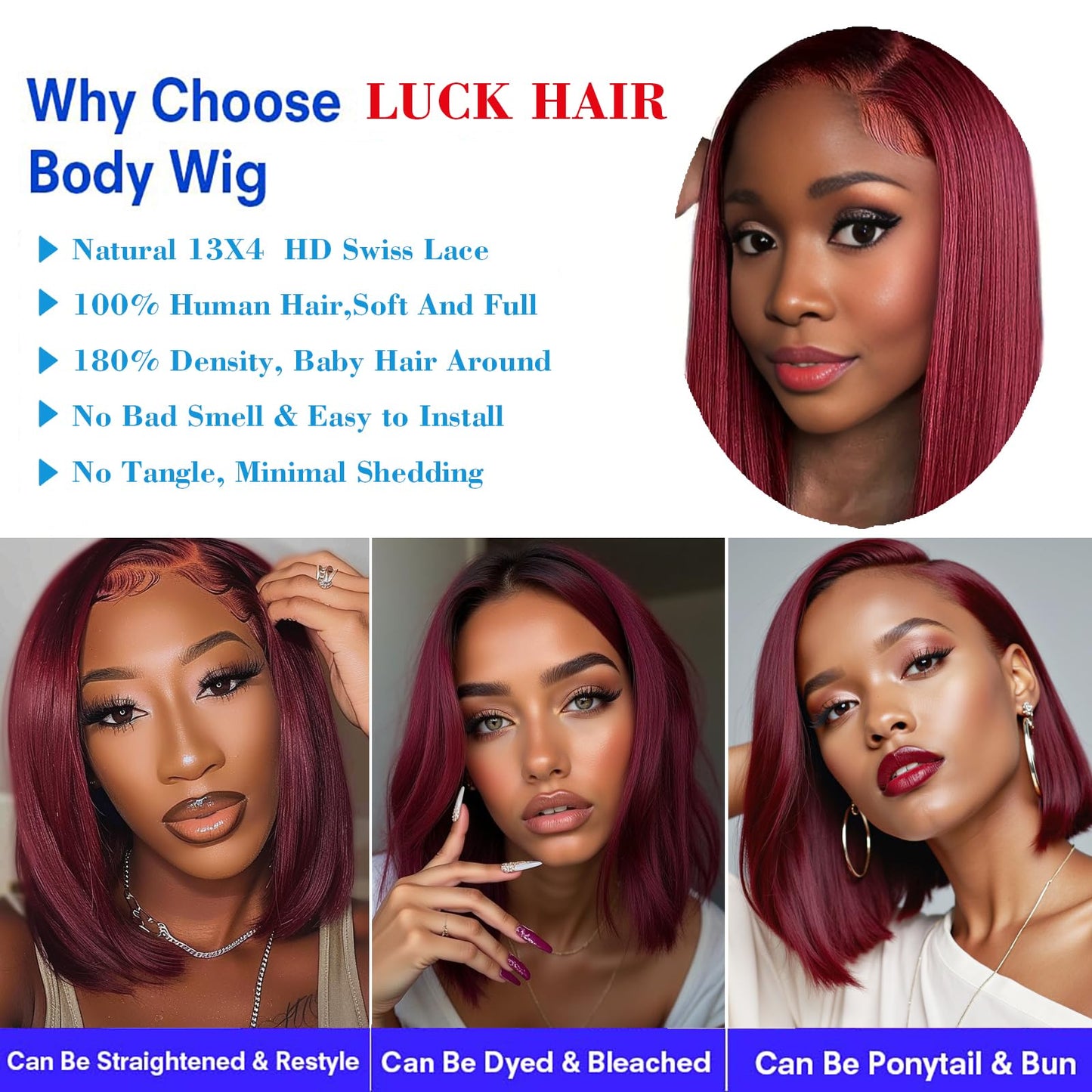 LUCK HAIR 99J Burgundy Straight Human Hair Wig 13x4 HD Lace Front Wigs Human Hair Glueless Hair Short Bob Human Hair Suitable for women Straight wigs 14 Inch