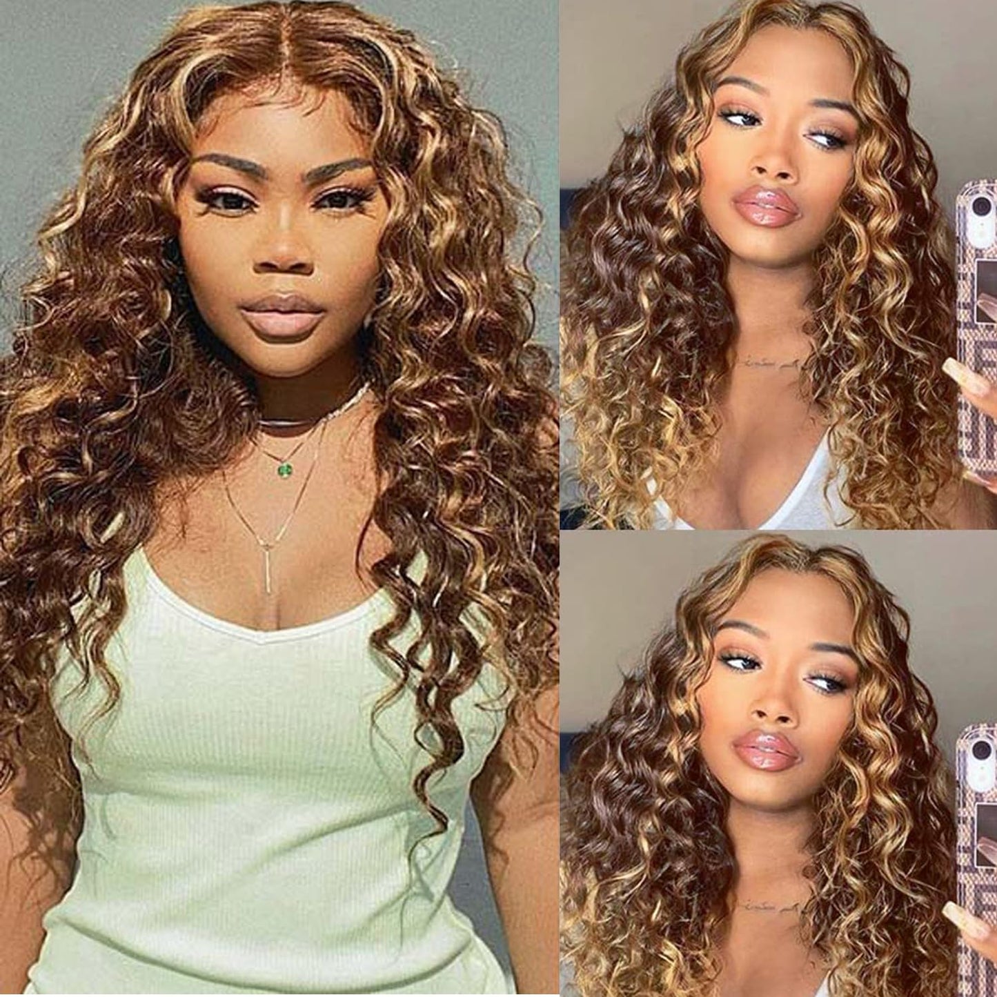P4/27 Human Hair Bundles with Closure Loose Deep Wave Hair-12 14 16+12inch 4x4 Loose Wave Lace Closure with Bundles, 10A Raw Brazilian Quick Weave Human Hair Honey Blonde Brown Ombré Highlighted Color
