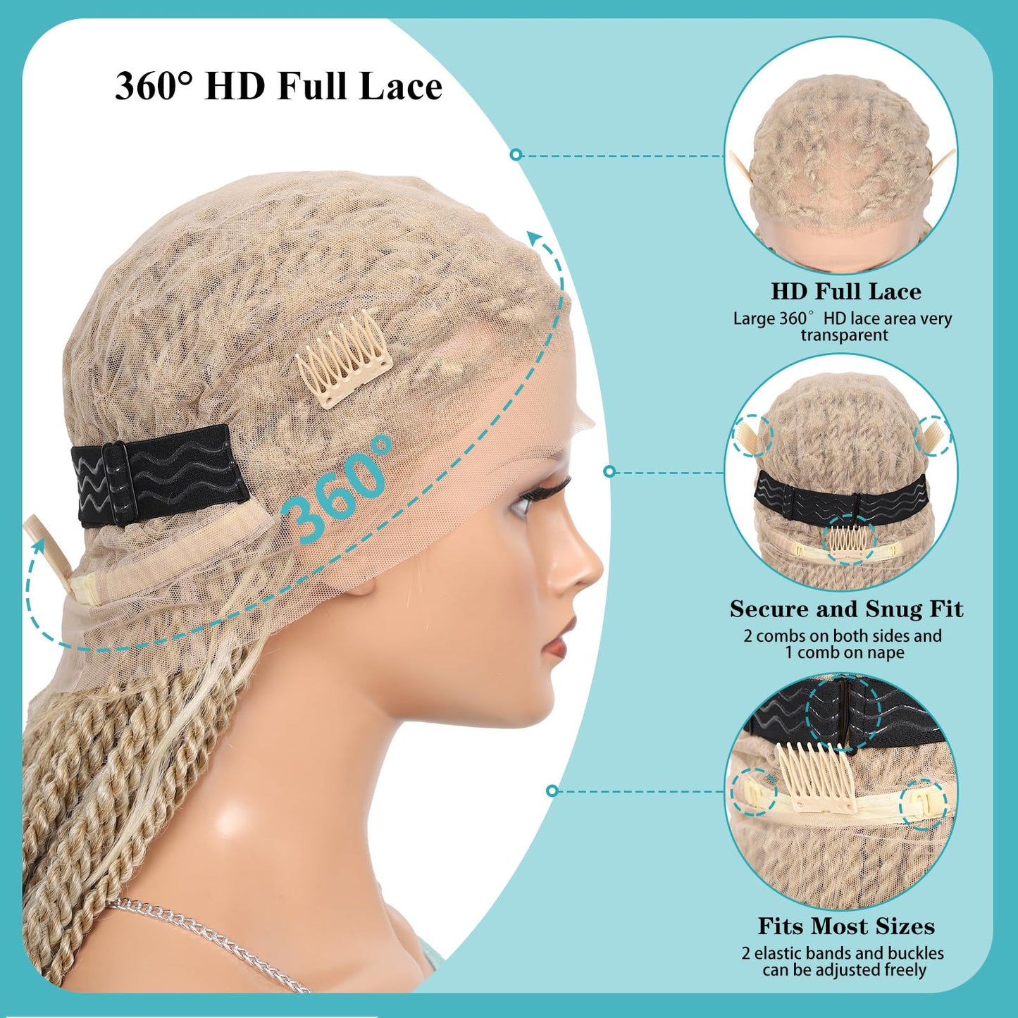 Kalyss HD Full Lace Boho Braided Wigs for Women 360 Lace Front Twist Braided Wigs with Baby Hair Blonde Premium Synthetic Knotless Braid Wig 36"