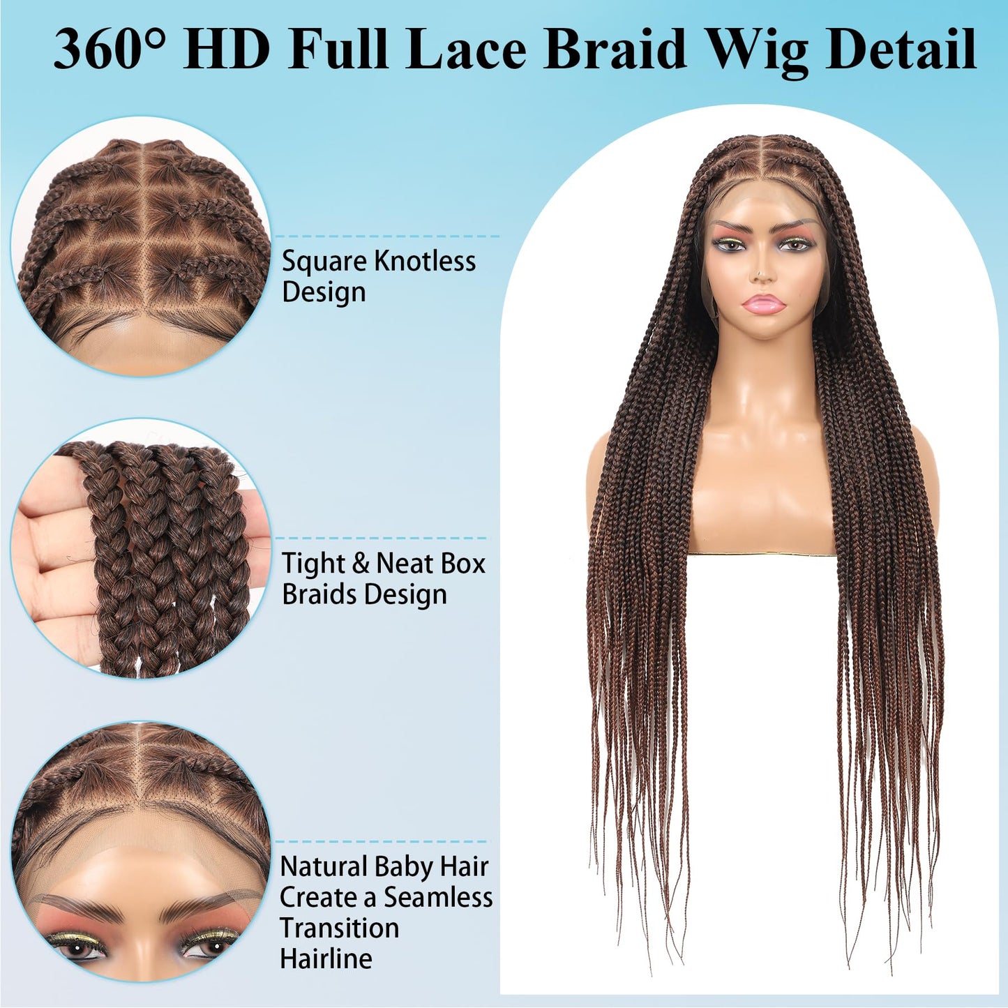 Olymei 360° Hd Full Lace Large Square Knotless Braided Wigs for Women Box Braid Wig with Baby Hair Long Brown Premium Synthetic Braided Lace Front Wigs 36"