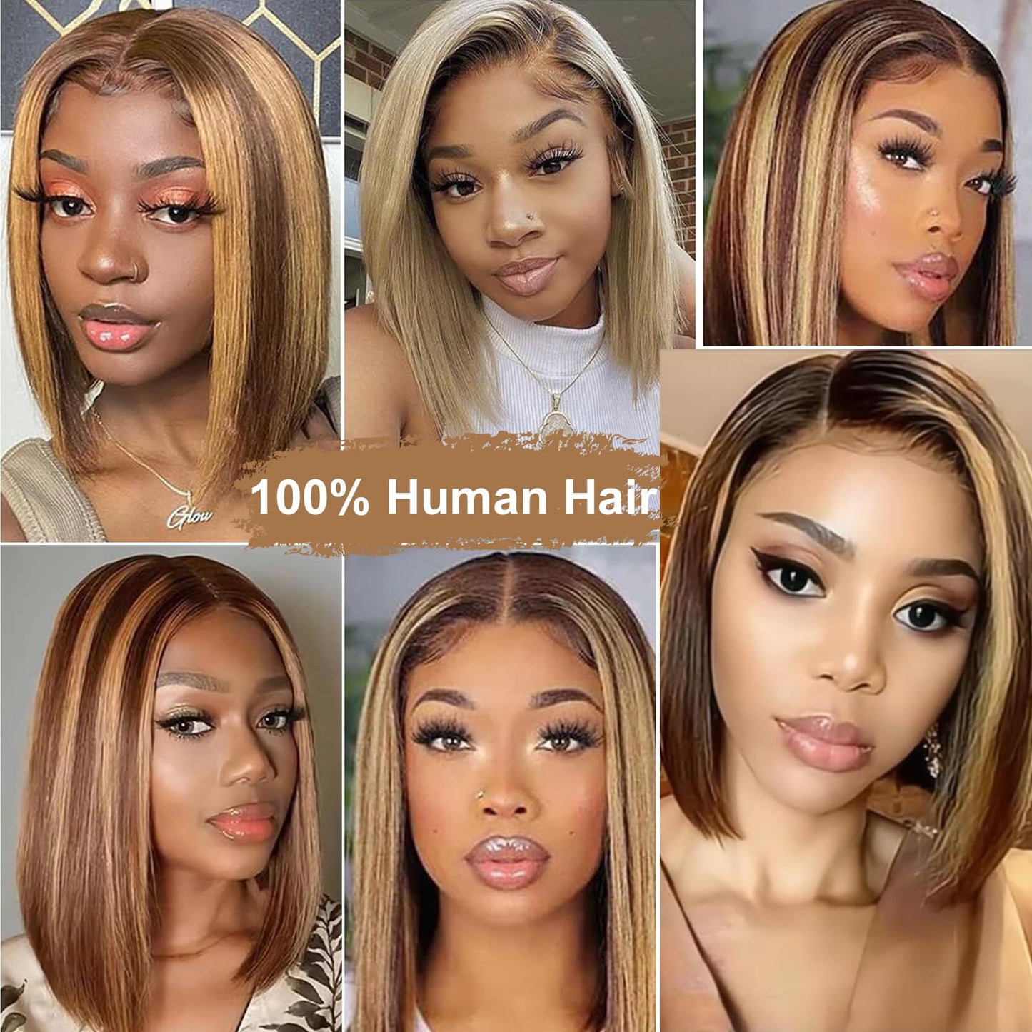 RMOARIWR Highlight 4/27 Bob Wig Human Hair 180% Density 13x4 HD Transparent Lace Front Wigs Human Hair Pre Plucked Short Bob Glueless Straight Wigs Human Hair for Women 16 Inch