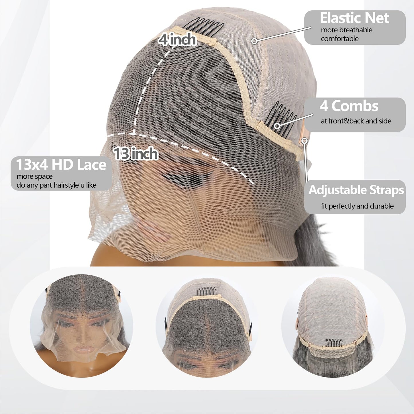 Hoscod Grey Mixed White Lace Front Bob Wig Human Hair 8 Inch Straight Lace Frontal Wigs Human Hair 180 Density Ombre Grey White Suitable For All Hair Types 13x4 HD Bob Wig with Baby Hair