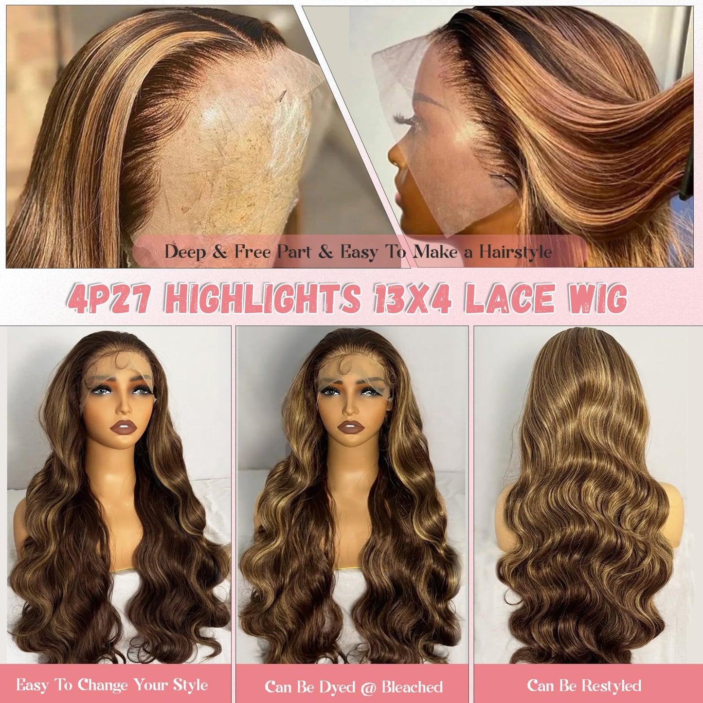 Munx Highlight Ombre Lace Front Wigs Human Hair Pre Plucked with Baby Hair 13x4 Body Wave Frontal Wigs 180% Density 4/27 Colored Honey Blonde Human Hair Wig for Women Long 36inch