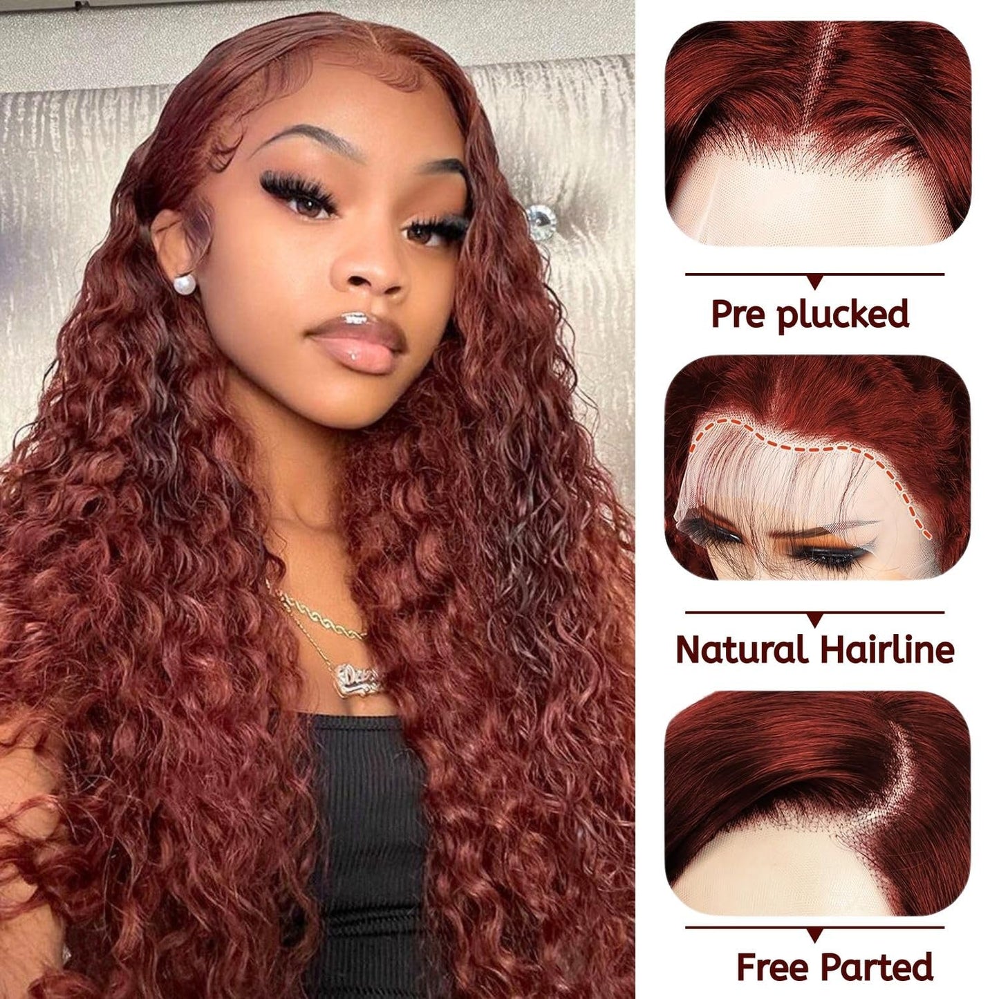 PYY Reddish Brown Deep Wave 13x4 Lace Front Wig Human Hair 33# Auburn Color – Glueless Pre Plucked, Soft Tangle-Free Raw Human Hair, Beginner Friendly, Natural Hairline, Effortless Glam Look 32 Inch