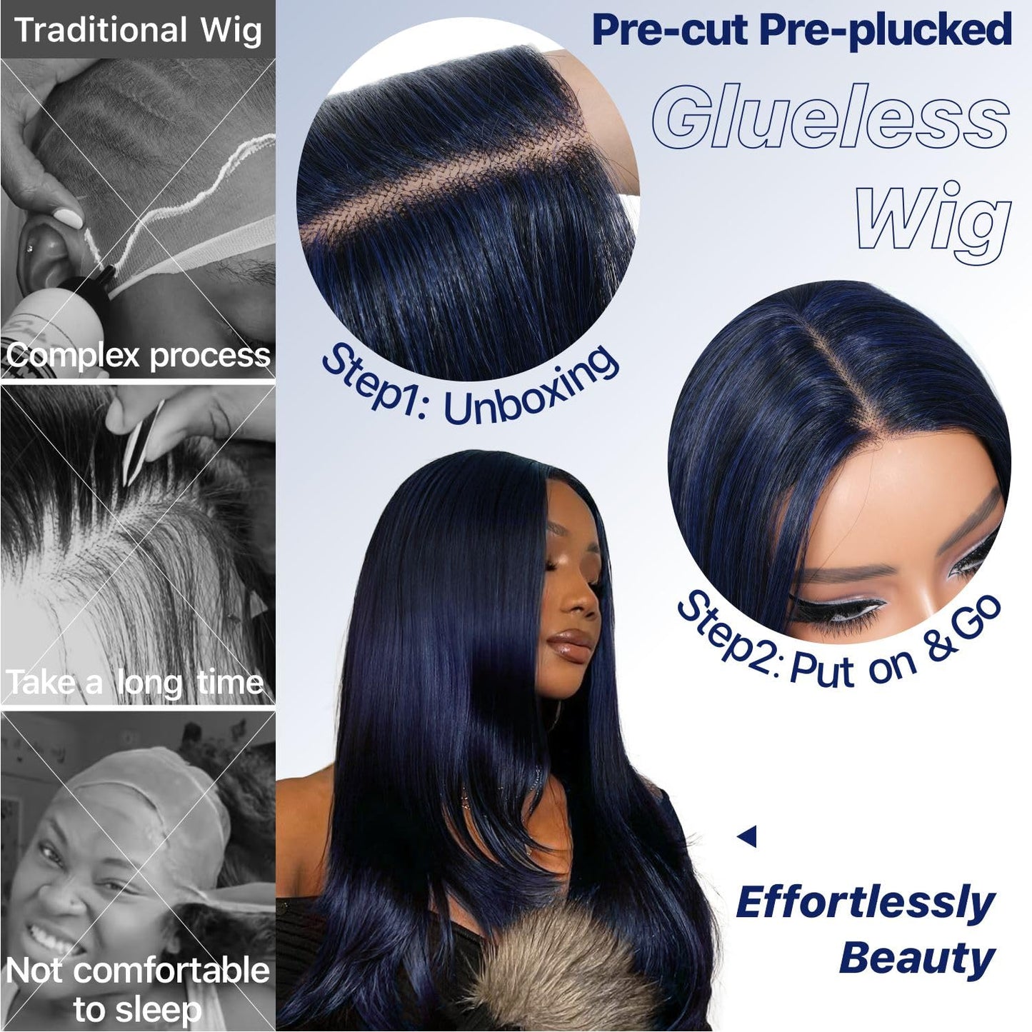 BrownBomb Dark Blue Wear and Go Glueless Wigs Pre Plucked Pre Cut for Beginners Synthetic Lace Front Wig for Woman Long layered Straight Wigs with Bangs 26 Inch 3 Seconds to Wear for Beginners
