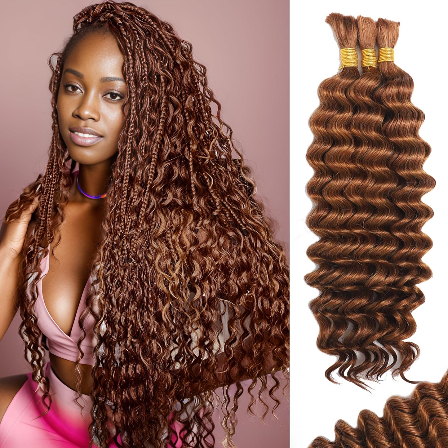 Human Braiding Hair for Boho Braids Human Hair 110g 24 Inch Curly Boho Hair for Braiding Knotless 12A Deep Wave Bohemian 3 Bundles/Pack Auburn Ginger