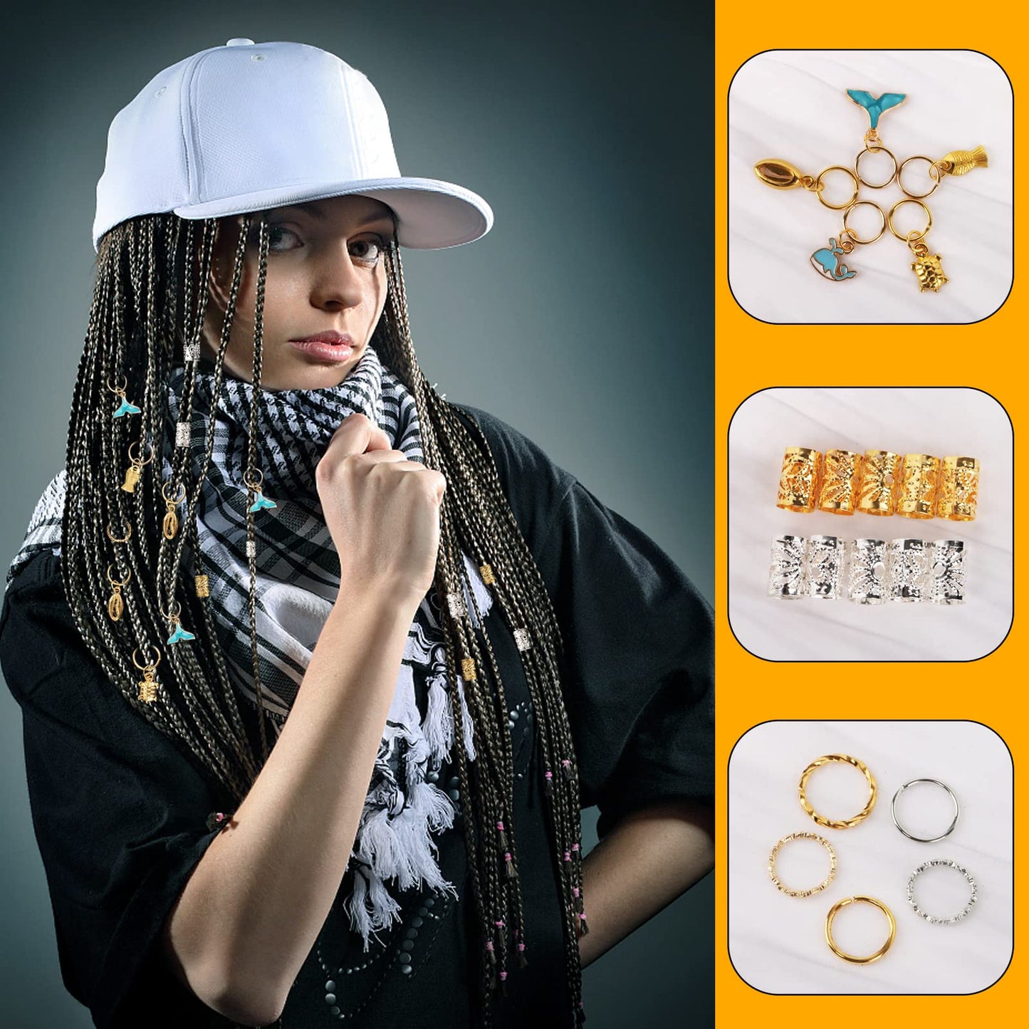 Nafaboig 200PCS Hair Jewelry for Braids, dreadlock accessories, Loc Hair, Braid Rings Clips Beads Braiding Cuffs Charms Decoration Girls Women