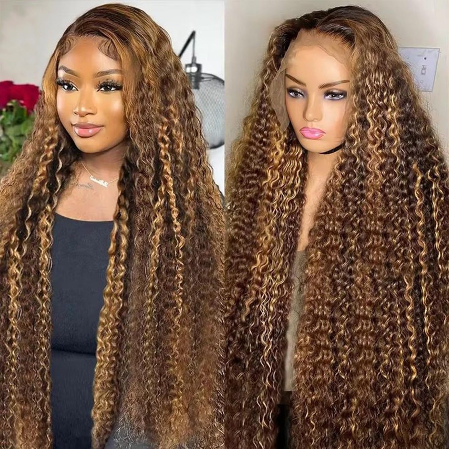 ALYOGA Highlight Wig Human Hair- 200 Density HD Deep Wave Lace Front Wigs, 13x6 Curly Human Hair Wig Pre Plucked 32 inch