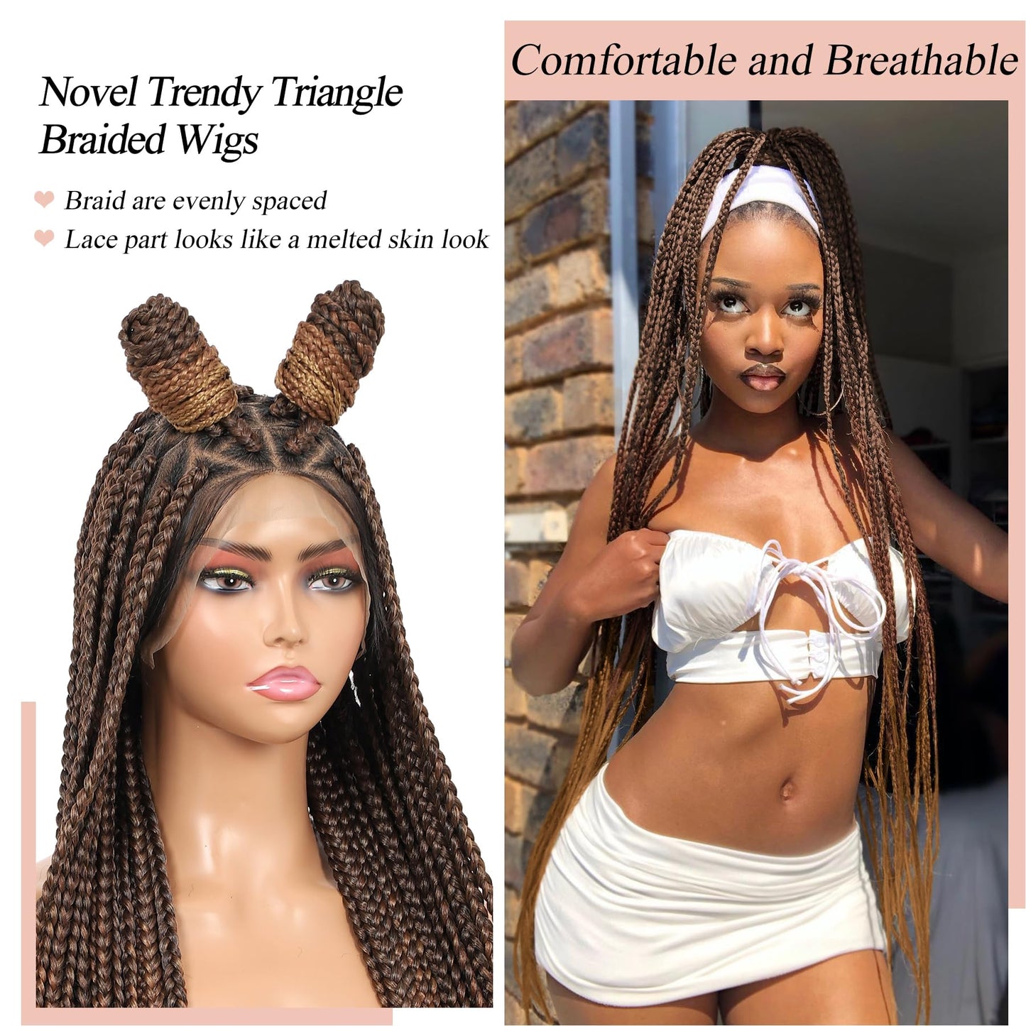 Lexqui 36" Triangle Knotless Braided Wigs for Women Braided Lace Front Wigs Synthetic Hair Box Braid Wig Full Double Lace Braided Wig with Baby Hair Brown Ombre Light Brown