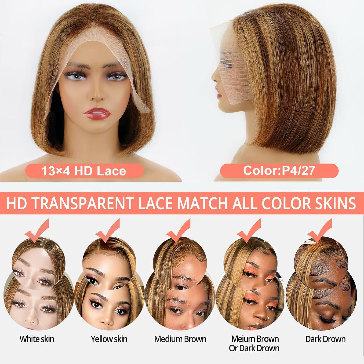 Highlight Ombre Lace Front Wig Human Hair Body Honey Blonde Glueless HD Transparent Lace Frontal Wigs for Women Human Hair Pre Plucked with Baby Hair brown highlighted wig 180 Density 16 Inch