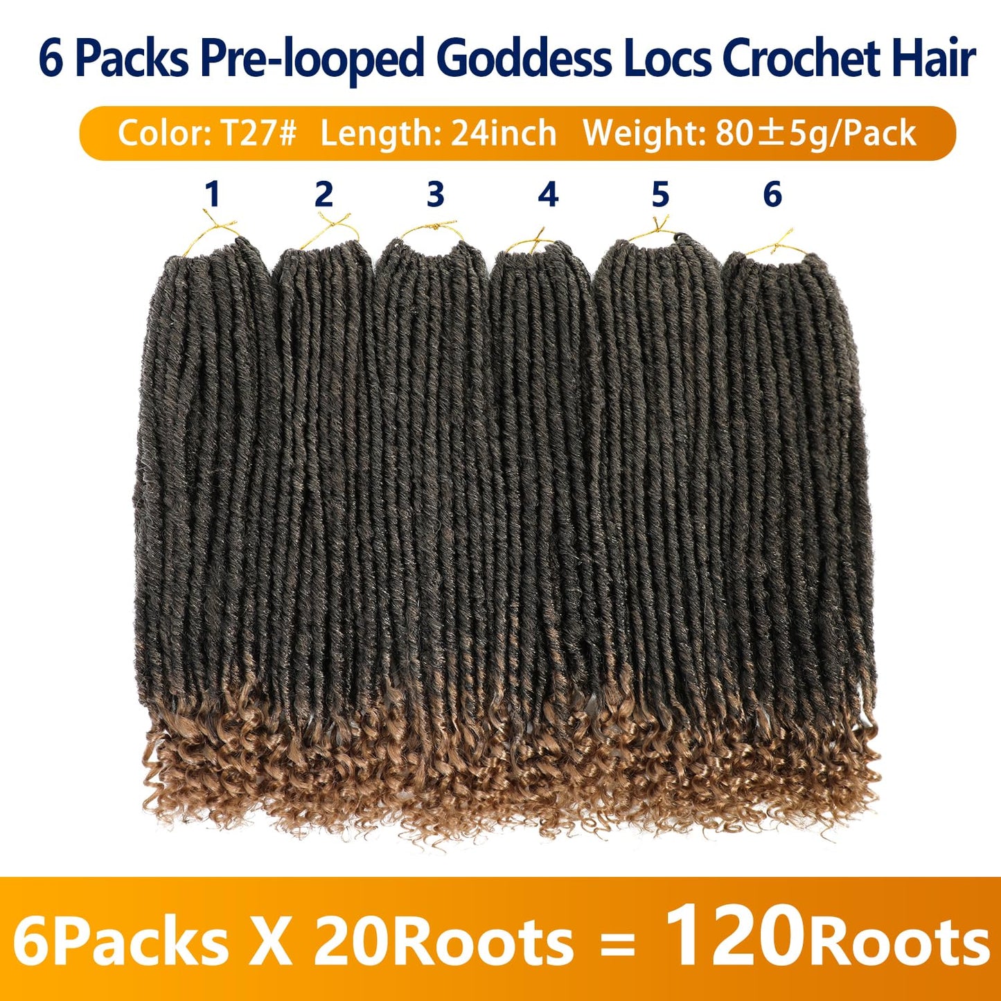 6 Packs Goddess Locs Crochet Hair, 24 Inch Straight Faux Locs Crochet Braids, Pre-Looped Curly Soft Synthetic Ombre Braiding Hair Extensions for Black Women(24 Inch, 6 Packs, 1B/27#)