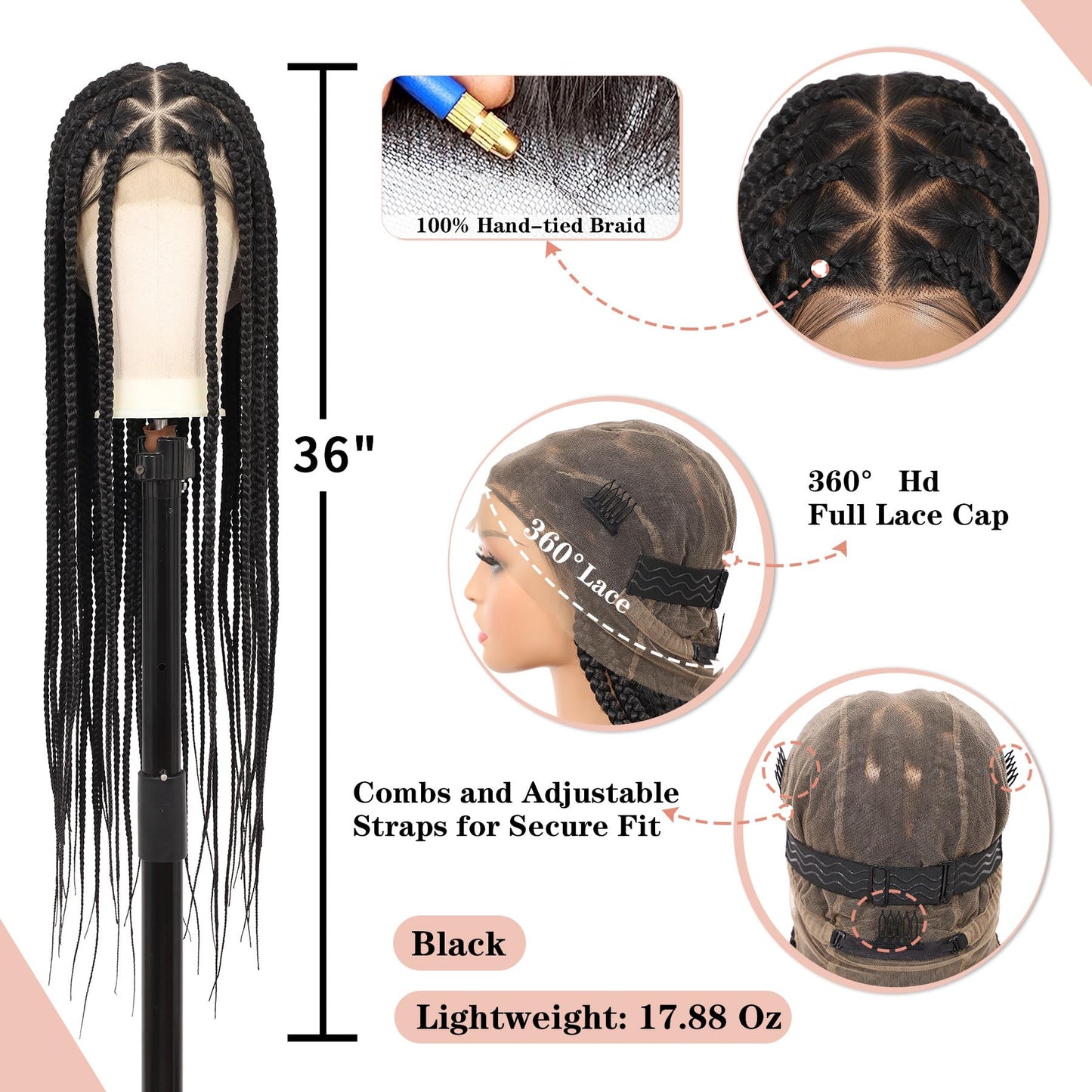 Lexqui 360° HD Full Lace Braided Wigs for Black Women Box Braid Wig Large Triangle Knotless Lace Braid Wig Synthetic Hair Lace Front Braided Wigs with Baby Hair 36" Black