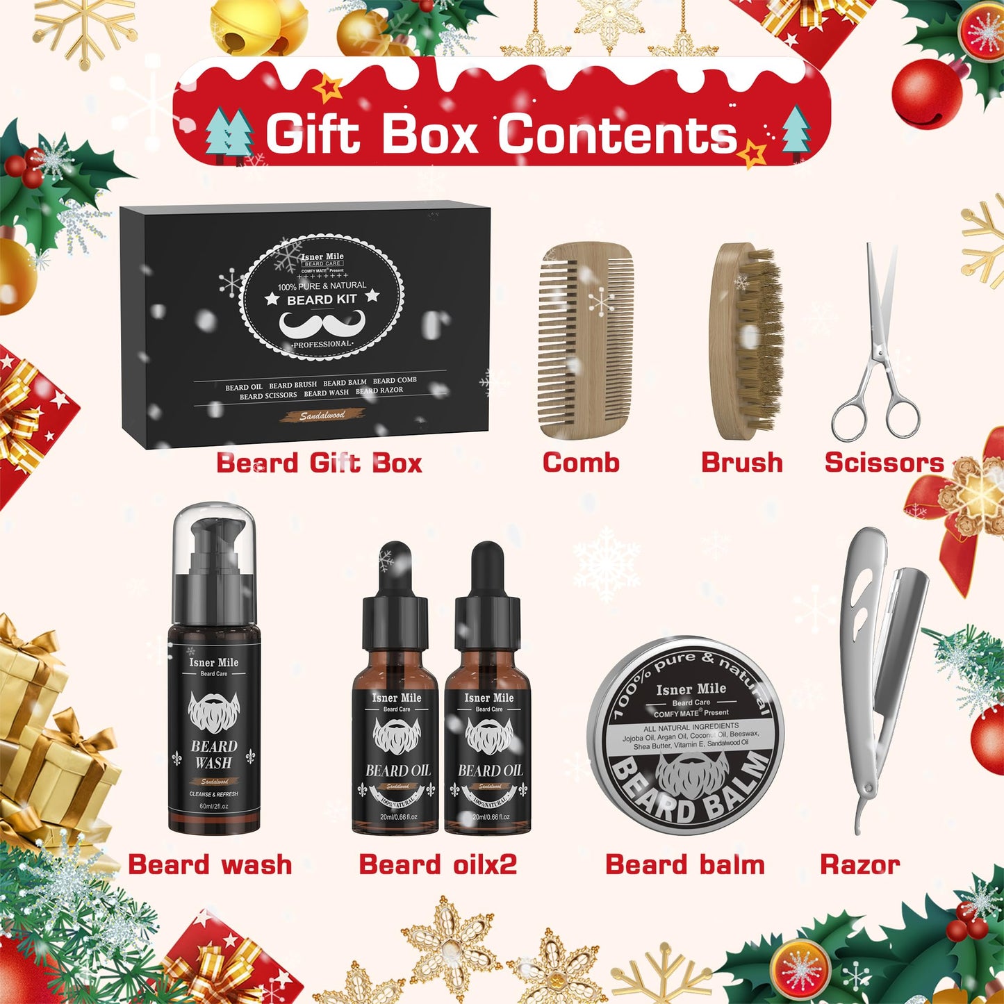 Isner Mile Beard Kit for Men, Grooming & Trimming Set with Beard Shampoo Wash, Beard Oil, Balm, Brush, Comb, Scissors & Storage Bag, Birthday Gifts Valentines Day Gifts for Him Dad Men Boyfriend