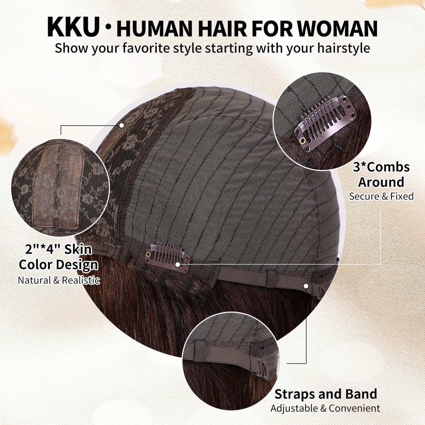 KKU 12 Inch Ombre Brown Wigs Human Hair for Women, Remy Human Hair Wigs, Human Hair Wigs with Bangs