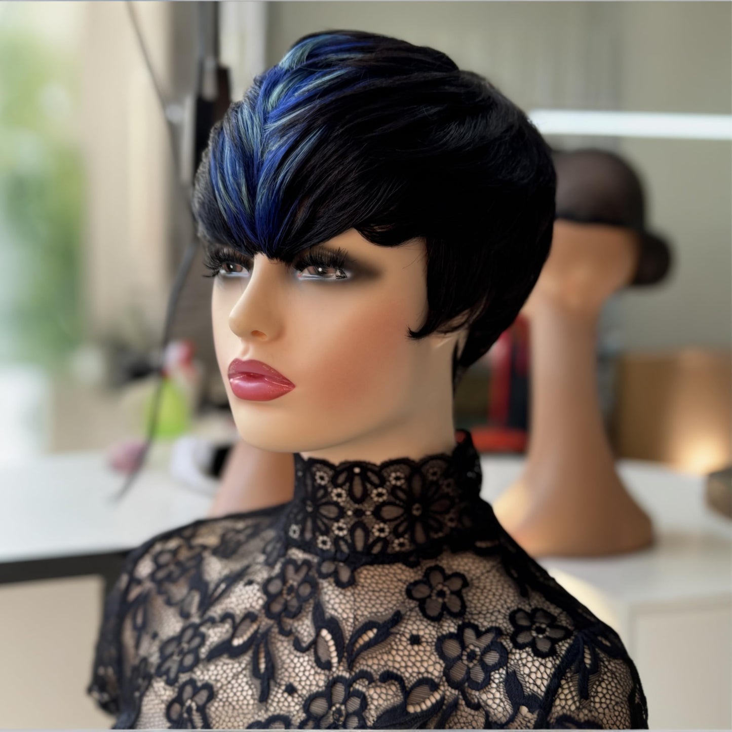 QiaQiaRing Pixie Cut Wigs for Black Women 1b/Blue for Summer Daily Use Color Short Layered Pixie Cut Human Hair Wigs With Bangs Glueless Full Machine Made Brazilian Virgin Straight Human Hair
