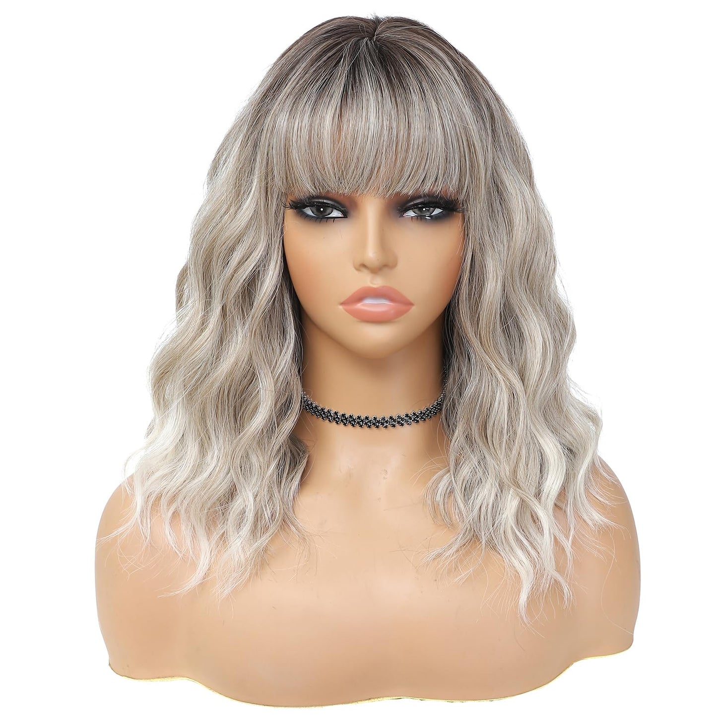 BEAUTIFA Ombre Gray Mix Blonde Wig with Bangs for Women 14 Inch Shoulder Length Short Bob Wavy Curly Wig Gray Mix Blonde Wig Heat Resistant Synthetic Wigs