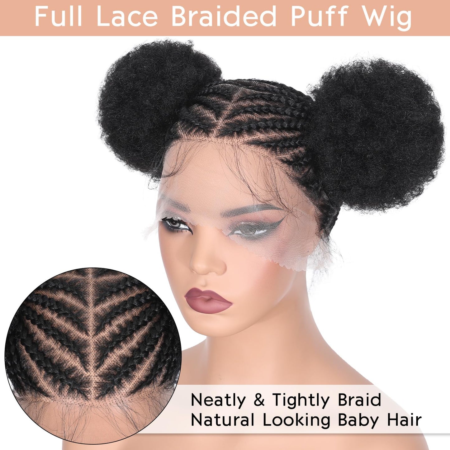 Lady Miranda Full Lace Braided Wig with Afro Puff Wigs for Black Women Short Braid Wig with Baby Hair Cornrow Box Braid Wigs for Black Women Short Lace Front Synthetic Fully Handmade Hair