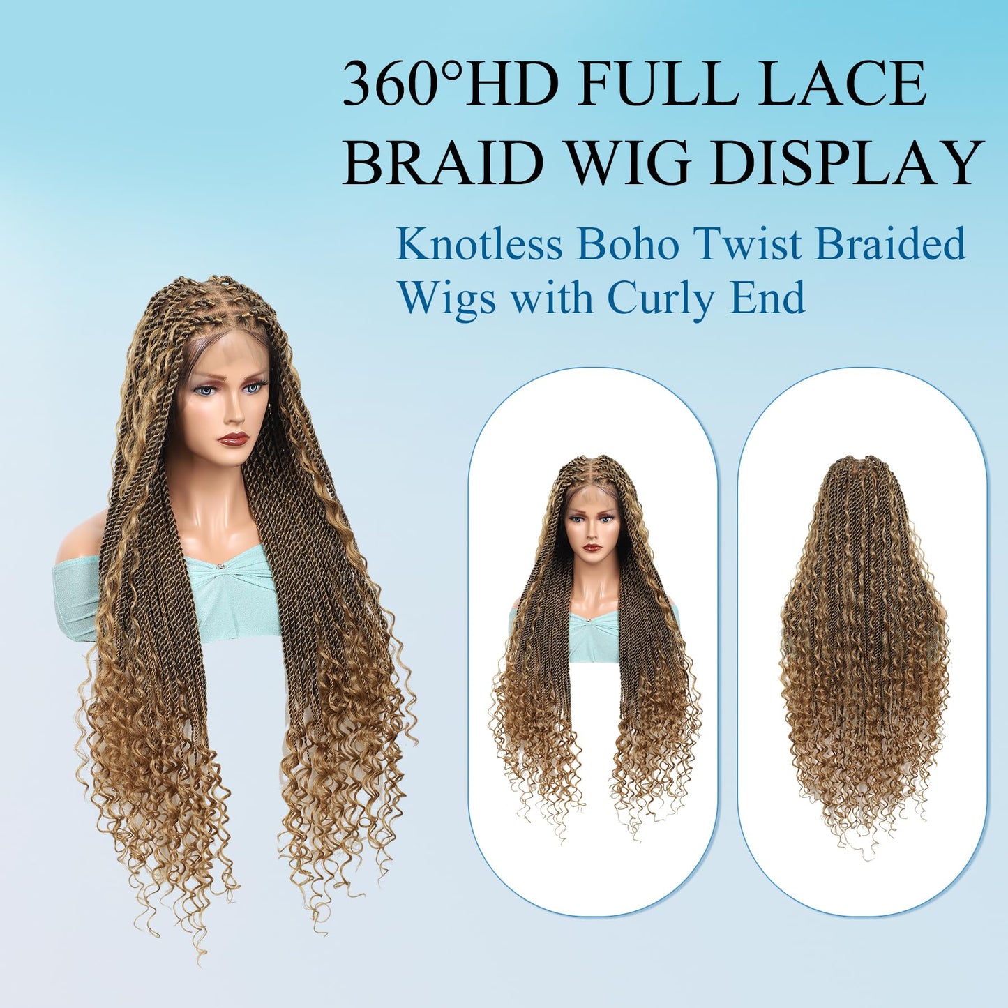Olymei 360° HD Full Lace Braided Wigs for Women Knotless Boho Braided Wigs Twisted Braids Lace Wig with Baby Hair Premium Synthetic Braided Lace Front Wigs 36" Light Brown