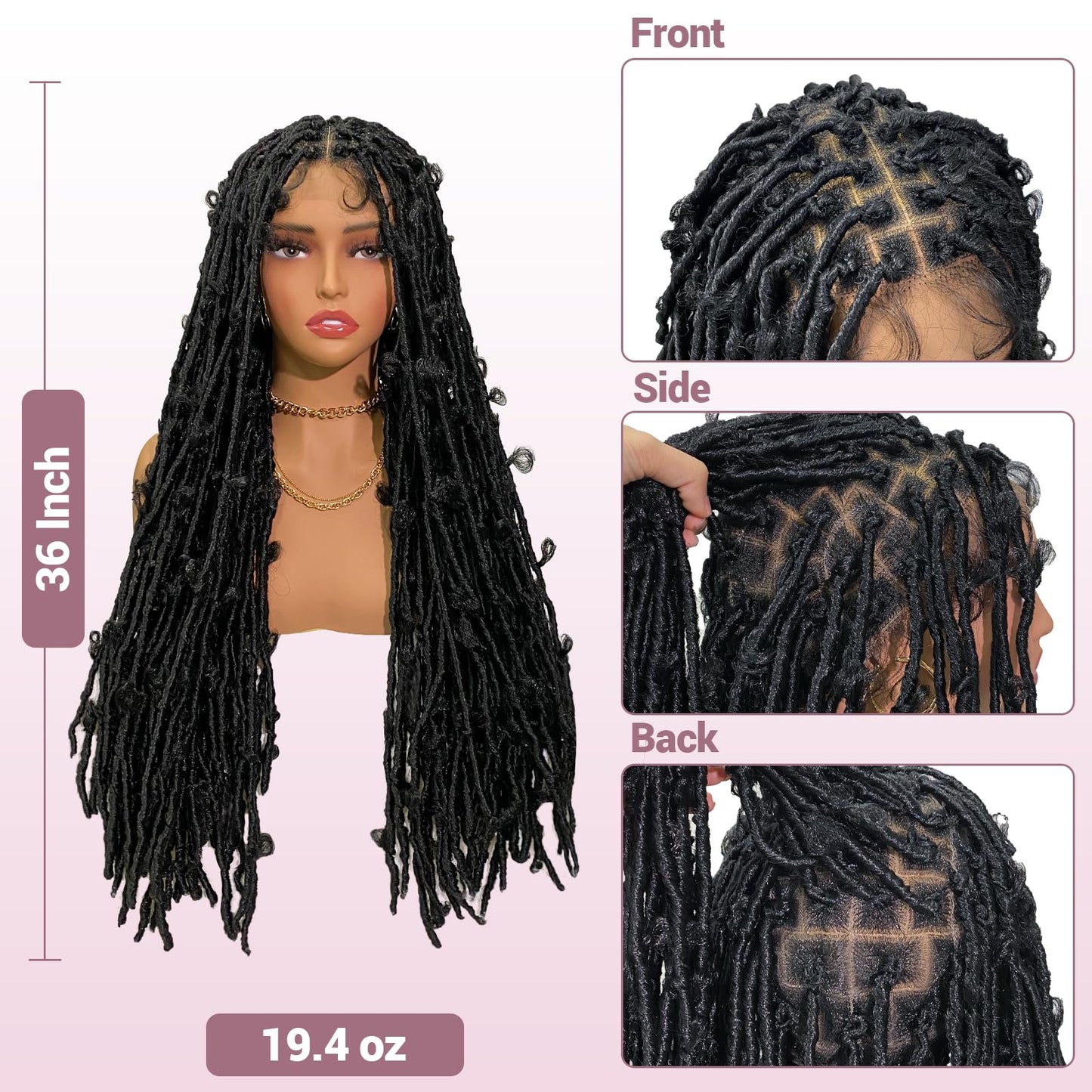 Janyuwool 36" Butterfly Locs Full Lace Knotless Braided Wigs for Black Women Lace Frontal Braid Wig Human Hair Blended Full Double Lace Braided Wig with Baby Hair Lace Front Locs Braids Wig (Black)