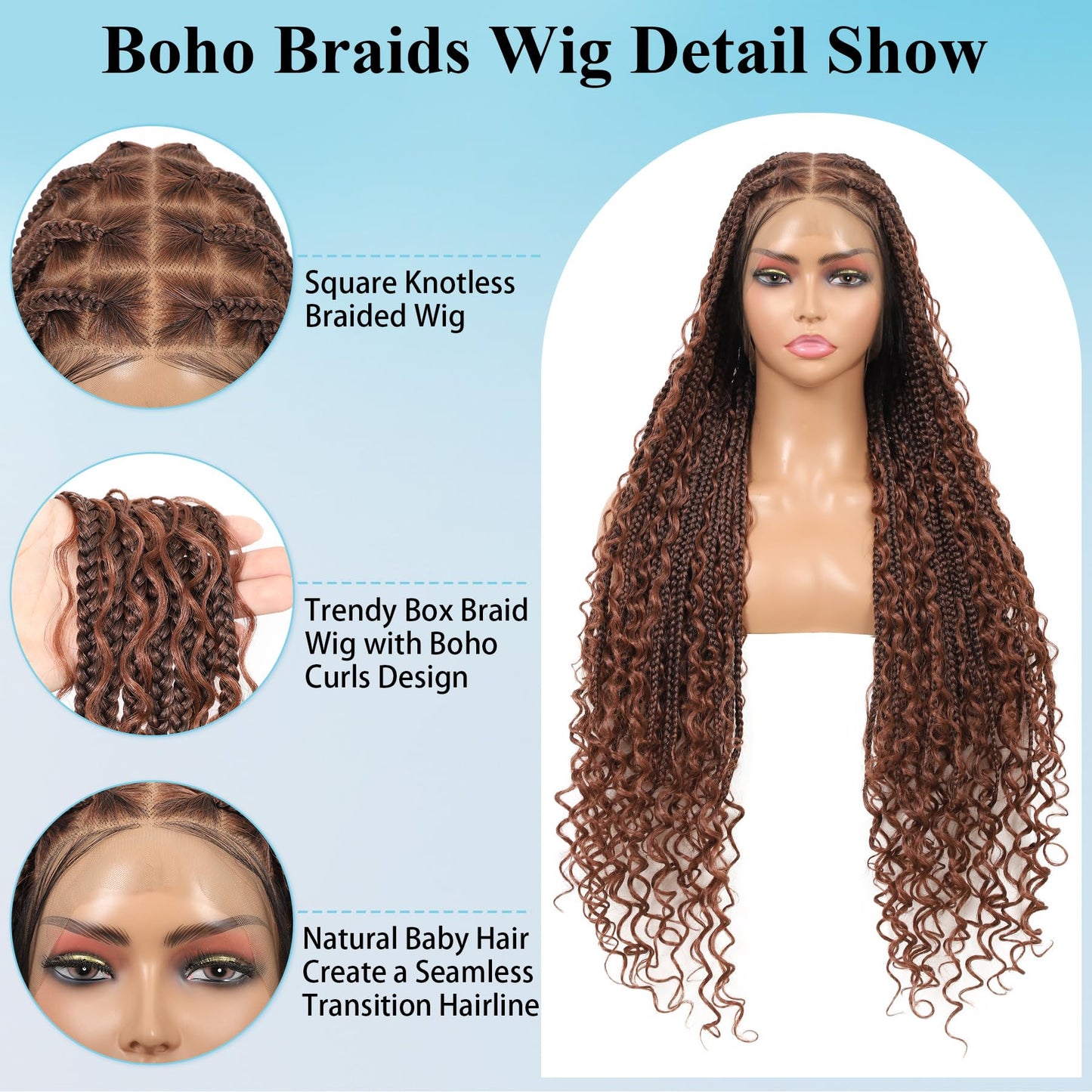 Olymei 360° HD Full Lace Knotless Braided Wigs for Black Women Boho Braided Wigs with Baby Hair Box Braid Wig Premium Synthetic Braid Lace Front Wig with Curly End Brown 36"