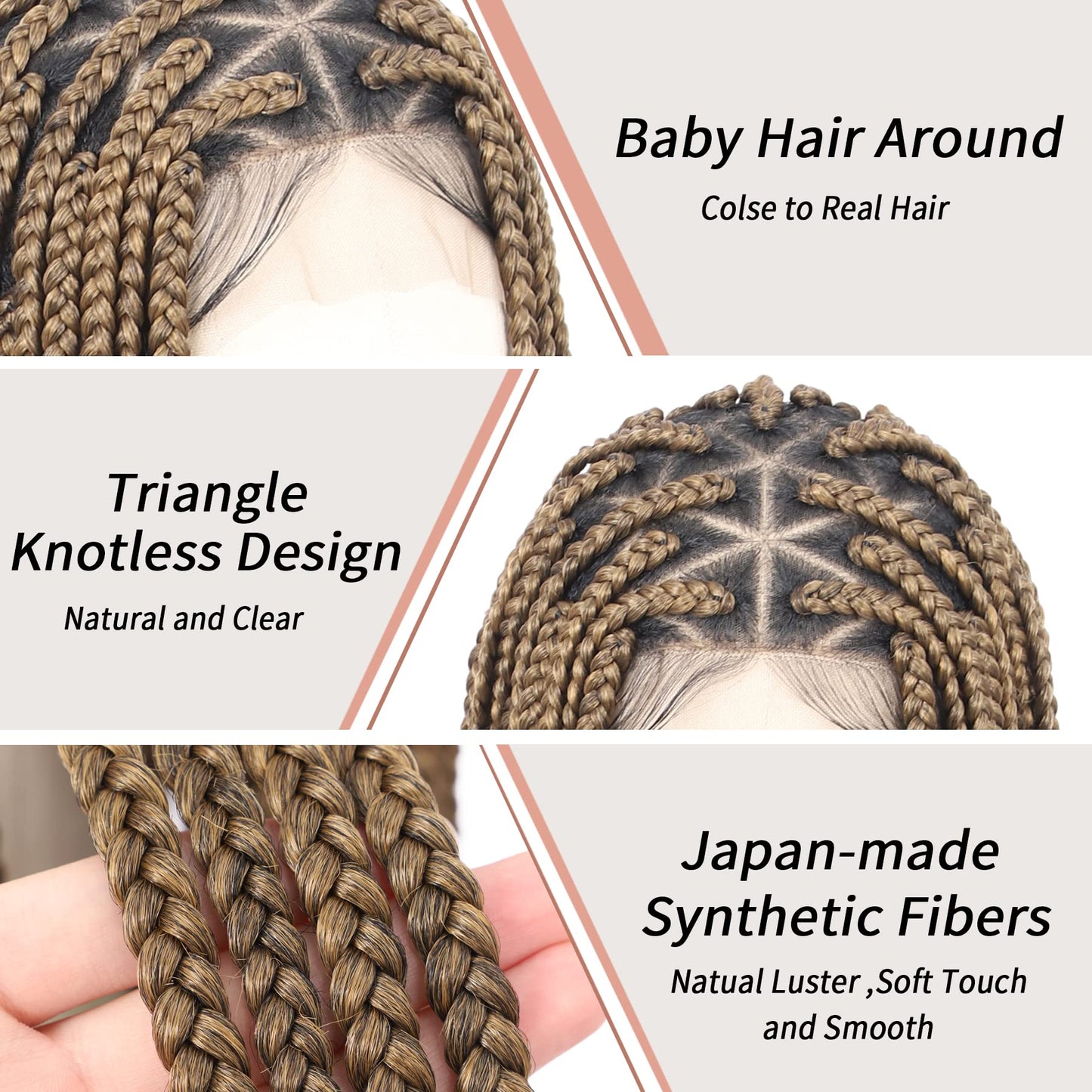 Lexqui 36" Braided Wigs for Black Women Triangle Knotless Braided Lace Front Wigs Box Braid Wig Full Double Lace Front Braided Wig with Baby Hair Light Brown Synthetic Hair