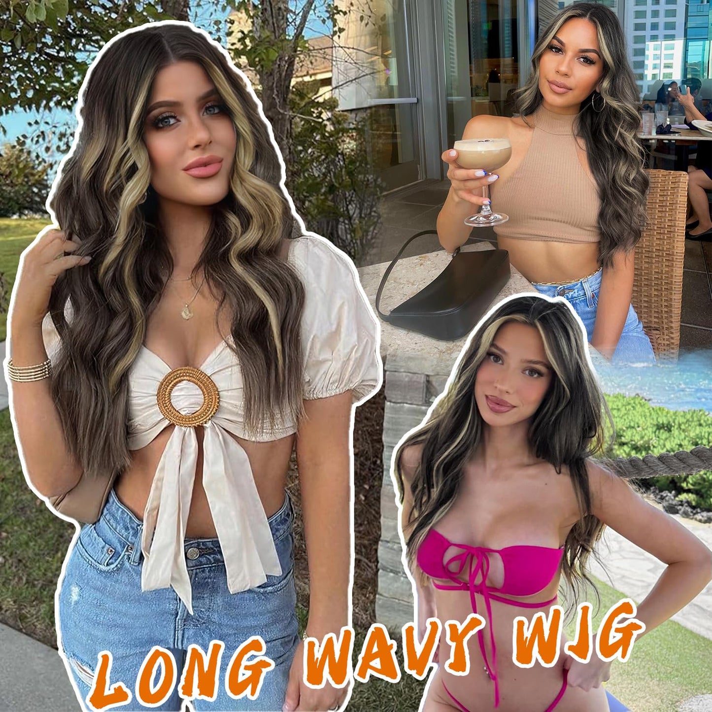 AISI HAIR Long Wavy Dark Brown with Blonde Highlight Lace Hairline Wigs for Women,Middle Part Synthetic Heat Resistant Wig for Daily Party-26 Inch