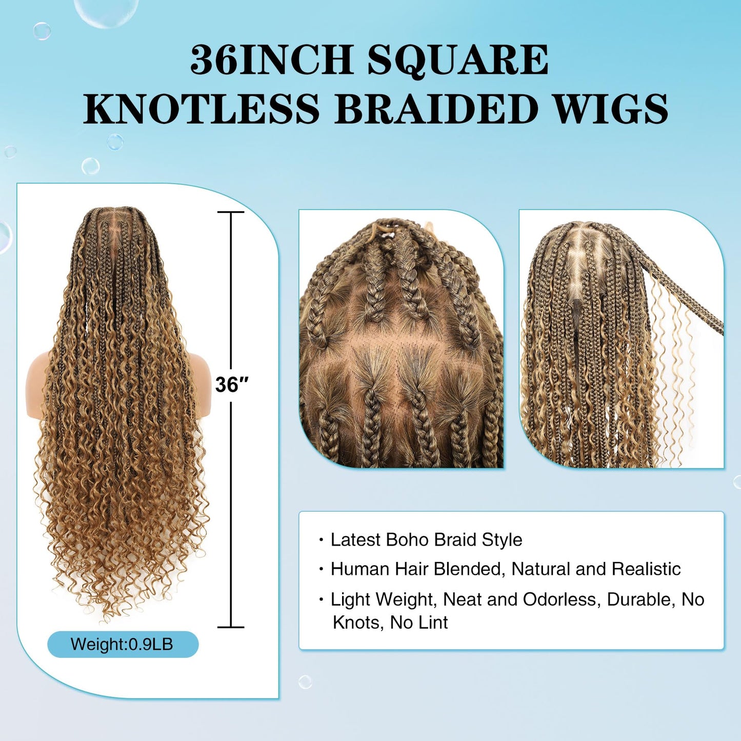 Olymei 360° HD Full Lace Front Knotless Braided Wigs for Black Women Boho Braided Wigs with Baby Hair Box Braid Wig Premium Synthetic Braid Lace Front Wig with Curly End Light Brown 36"