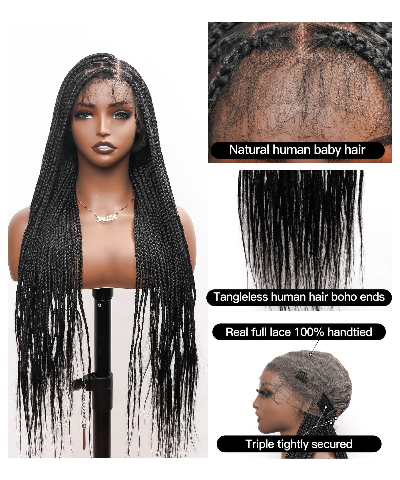 JALIZA 36" Boho Knotless Box Braided Wigs for Black Women Girls,Box Braided Wigs Full Lace Handmade with Human Hair Baby Hair,Black