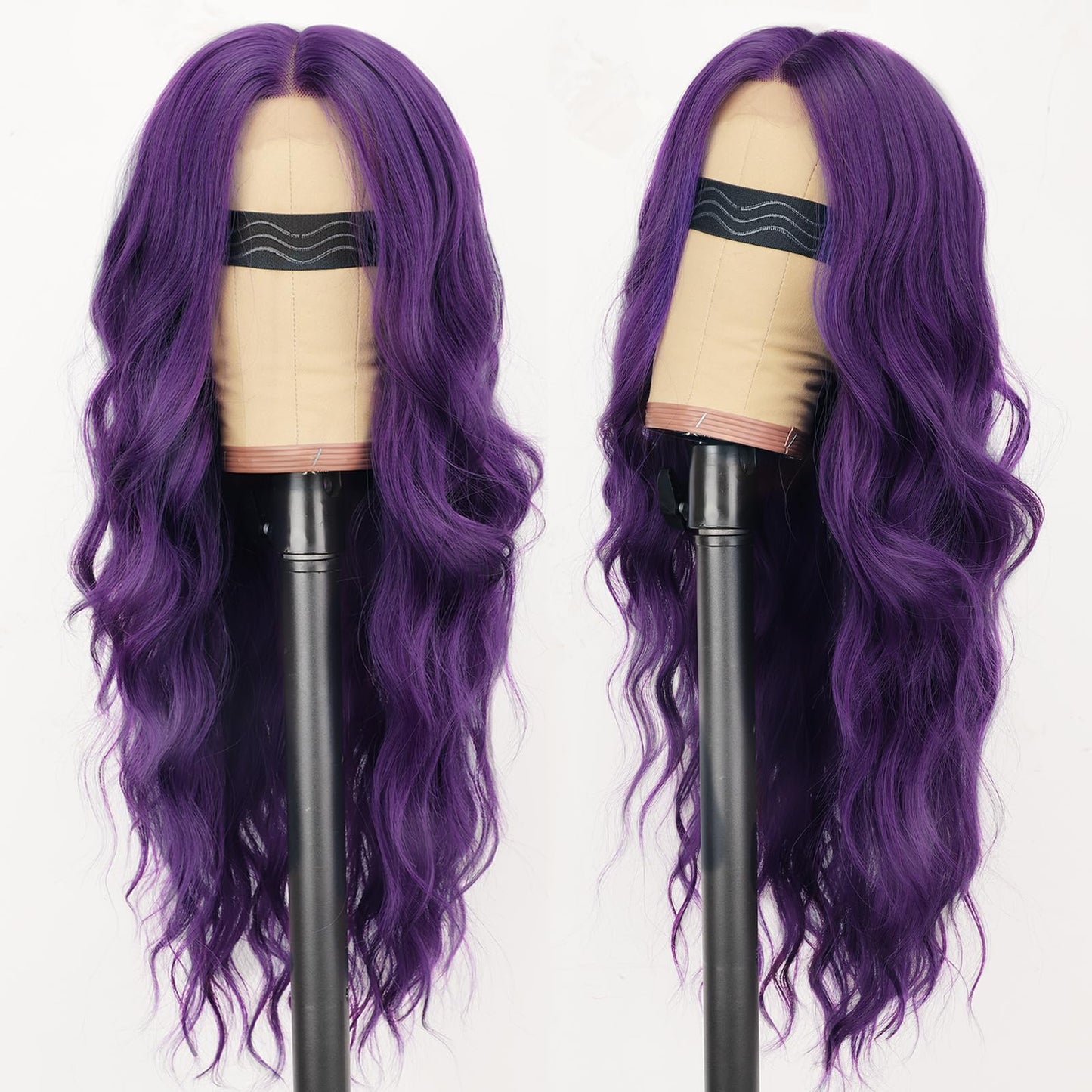 AISI HAIR Dark Purple Wig for Women, Long Wavy Lace Hairline Middle Part Synthetic Heat Resistant Wig for Daily Party-26 Inch