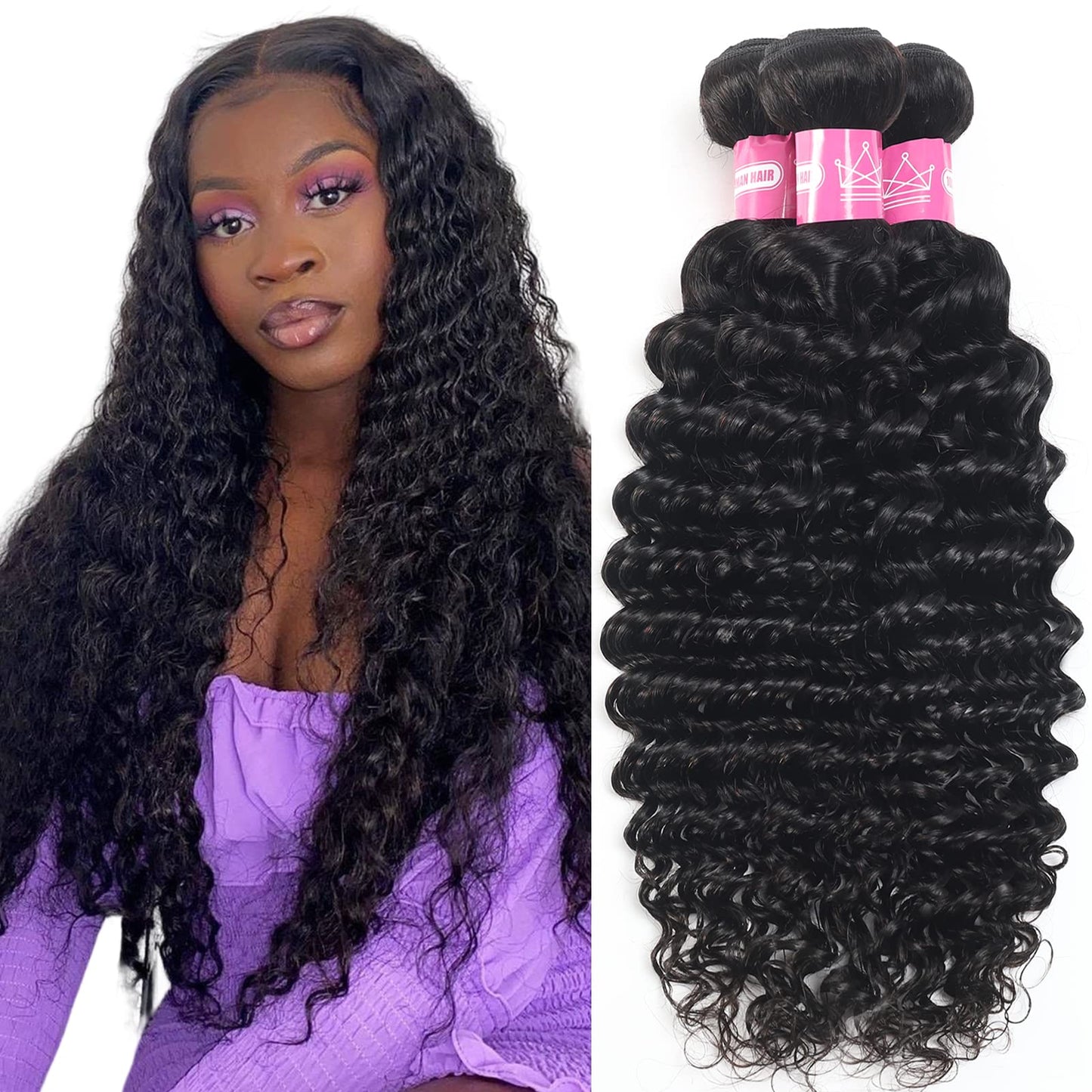 inlovwith Deep Wave Bundles Human Hair 24 Inch 12A Brazilian 100% Unprocessed Virgin Human Hair Bundles Wet and Wavy Human Hair Weave Bundles Natural Black Color Human Hair Extensions