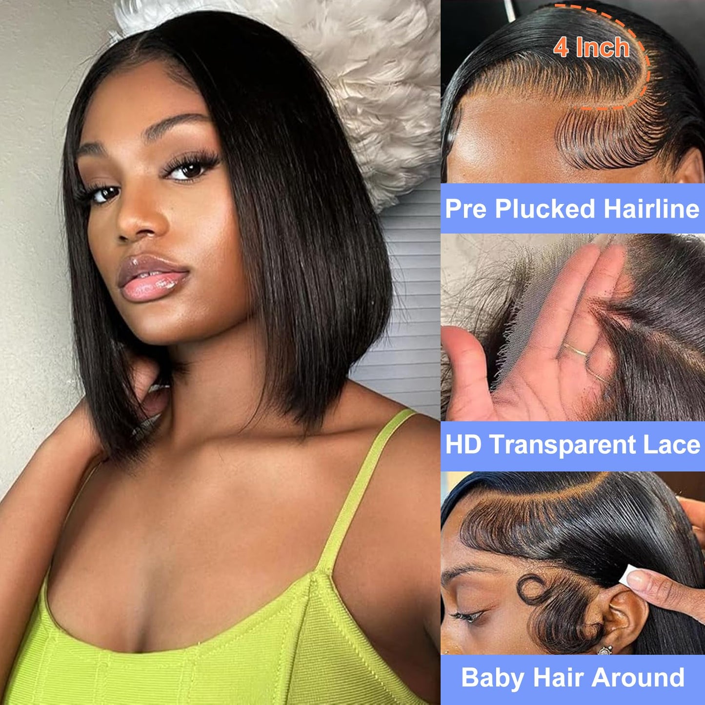RMOARIWR Bob Wig Human Hair 180% Density 13x4 HD Transparent Lace Front Wigs Human Hair Pre Plucked Short Bob Glueless Straight Wigs Human Hair for Women Natural Black 16 Inch