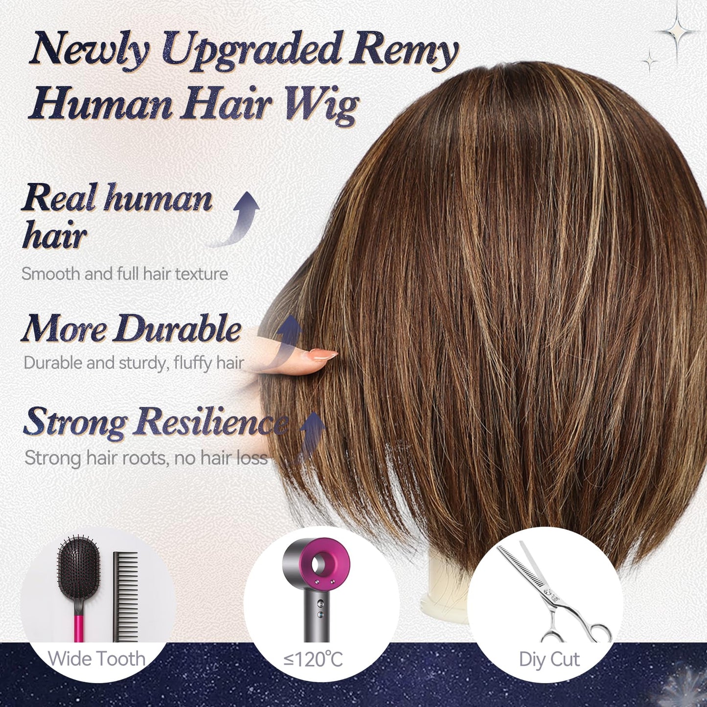 starluck Human Hair Wig Lace Front Wigs Real Human Hair Wigs For Women Wig Side Part 6"*5"*2" HD Lace Dark Brown with Blonde Highlights 12 Inch Realistic and Natural for Daily Party Use