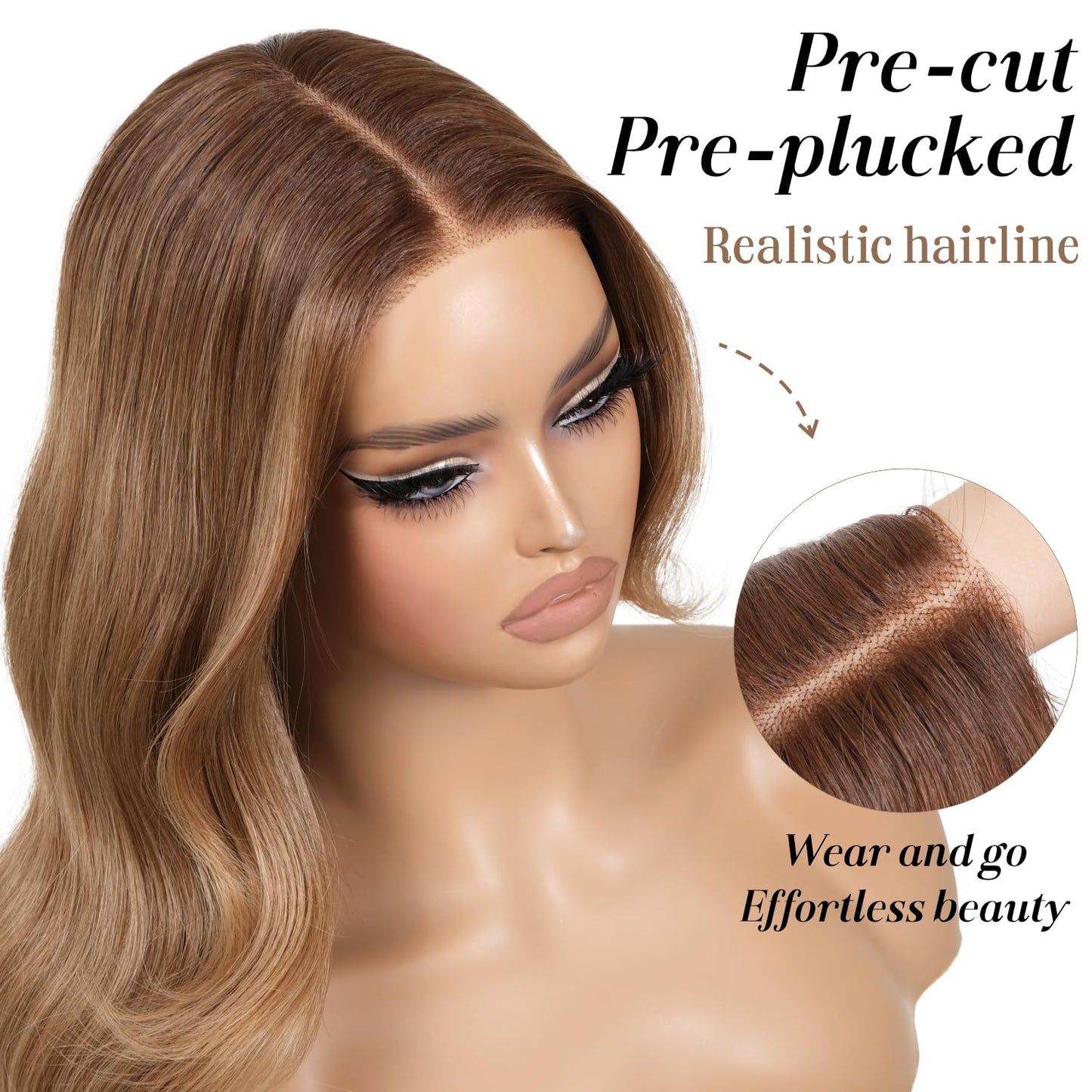 ENCOUNTERU Wear and Go Glueless Wig with Bangs Synthetic Lace Front Honey Blonde Wig Body Wave Ombre Wigs for Women Pre Cut Pre Plucked Glueless Ready to Wear Wigs Middle Part 26 Inch