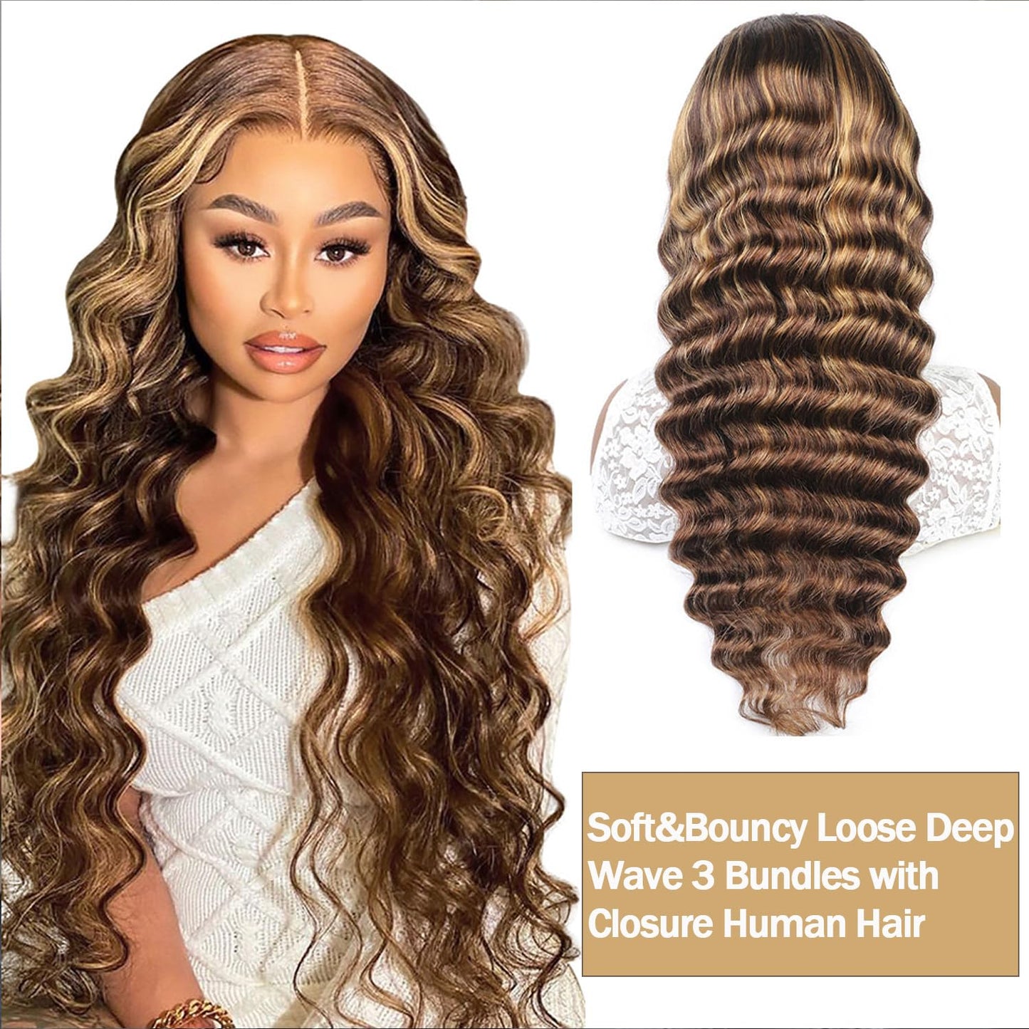 10A Human Hair Loose Deep Wave Bundles with Closure, P4/27 Colored Ombré Brazilian Bundles with 4x4 Free Part Lace Closure - Blonde, Brown (22, 24, 26+20inch)