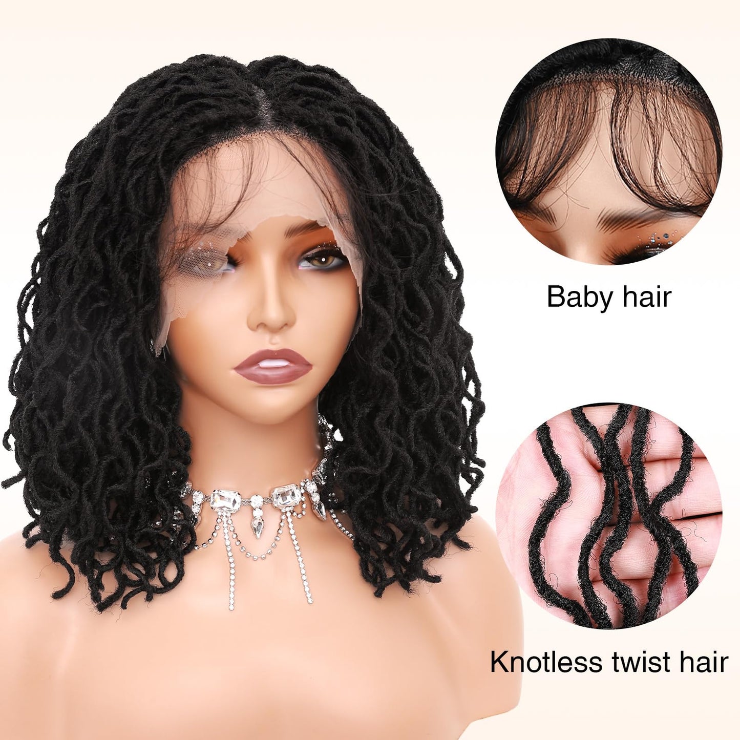 Lady Miranda 14 Inch Full Lace Dreadlock Wig with Baby Hair 150% Density Pre-Plucked Braided Wig Natural Black Faux Locs Wig Braided Wigs for Black Women Knotless Short Twist Wig for Women and Men