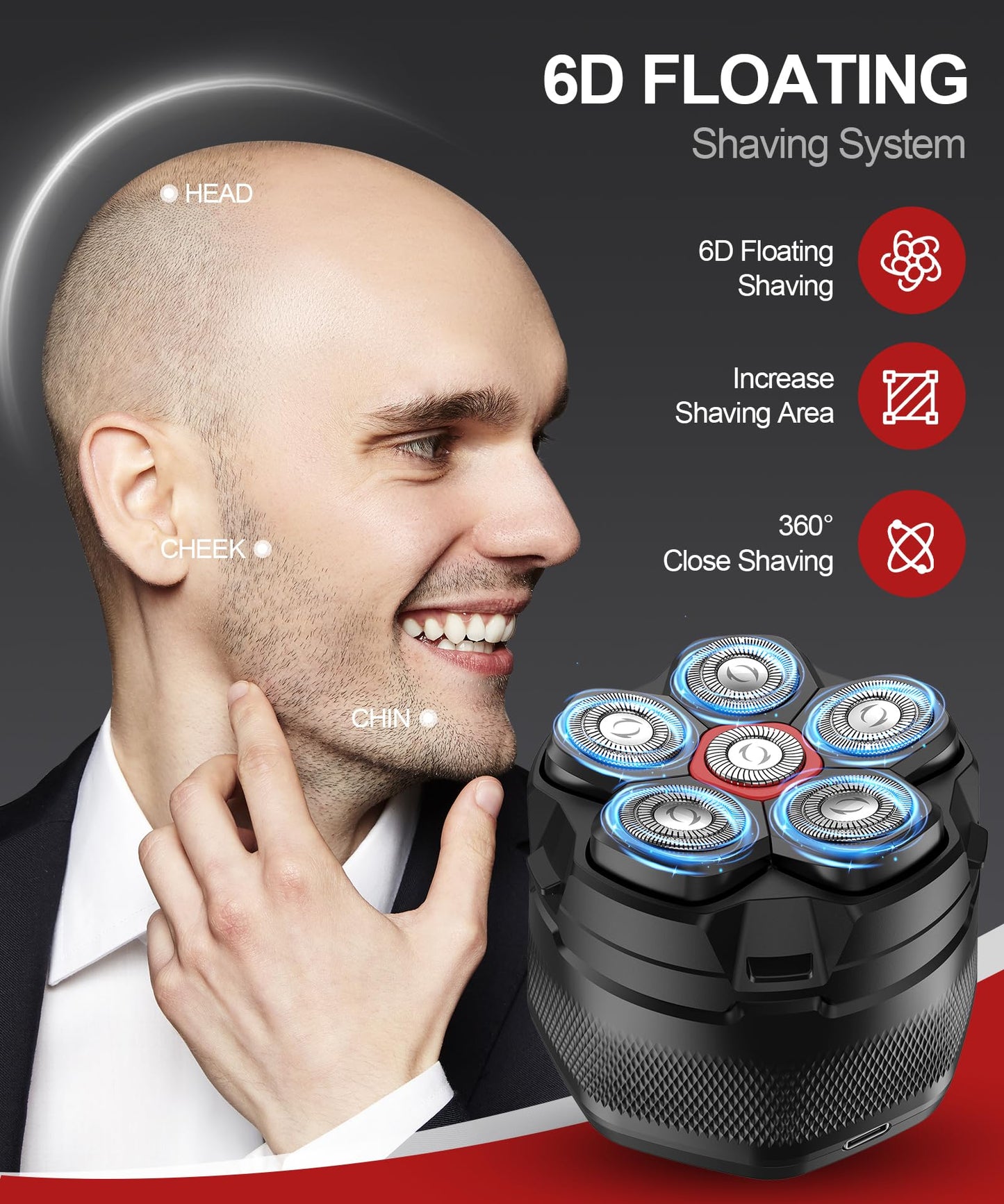 Head Shavers for Bald Men,10000 RPM High Speed 6D Magnetic Electric Razor for Fast Shaving, IPX8 Waterproof, Hypoallergenic Wet/Dry Shaving Razor with LED Display and Organizer