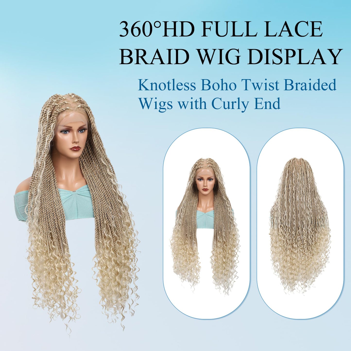 Olymei 360° HD Full Lace Braided Wigs for Women Knotless Boho Braided Wigs Twisted Braids Lace Wig with Baby Hair Premium Synthetic Braided Lace Front Wigs 36" Light Brown Ombre Blonde
