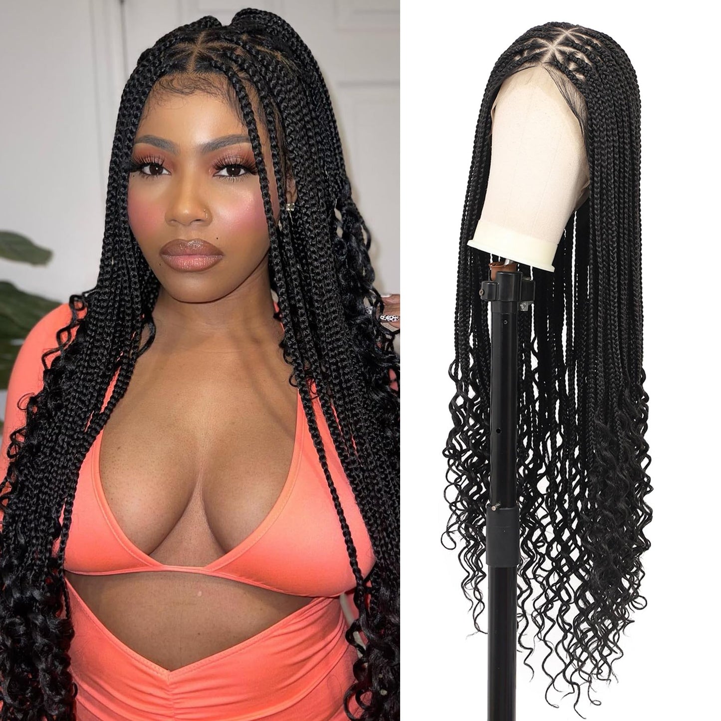 Lexqui 36" 360° HD Full Lace Braided Wigs for Women Box Braid Wig with Boho Curly End Triangle Knotless Braided Wigs with Baby Hair Handmade Synthetic Hair Braided Lace Front Wig Black
