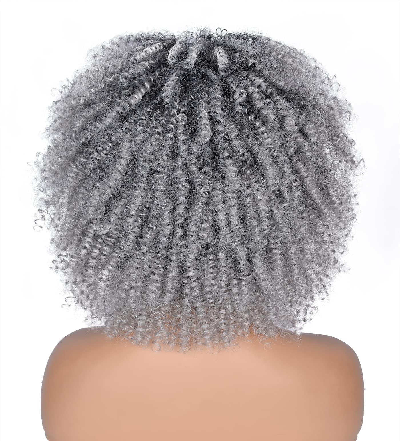 ANNISOUL 10Inch Short Curly Afro Wigs for Black Women Bomb Afro Kinky Curly Wig with Bangs Synthetic Fiber Full Wig(Ombre Grey)