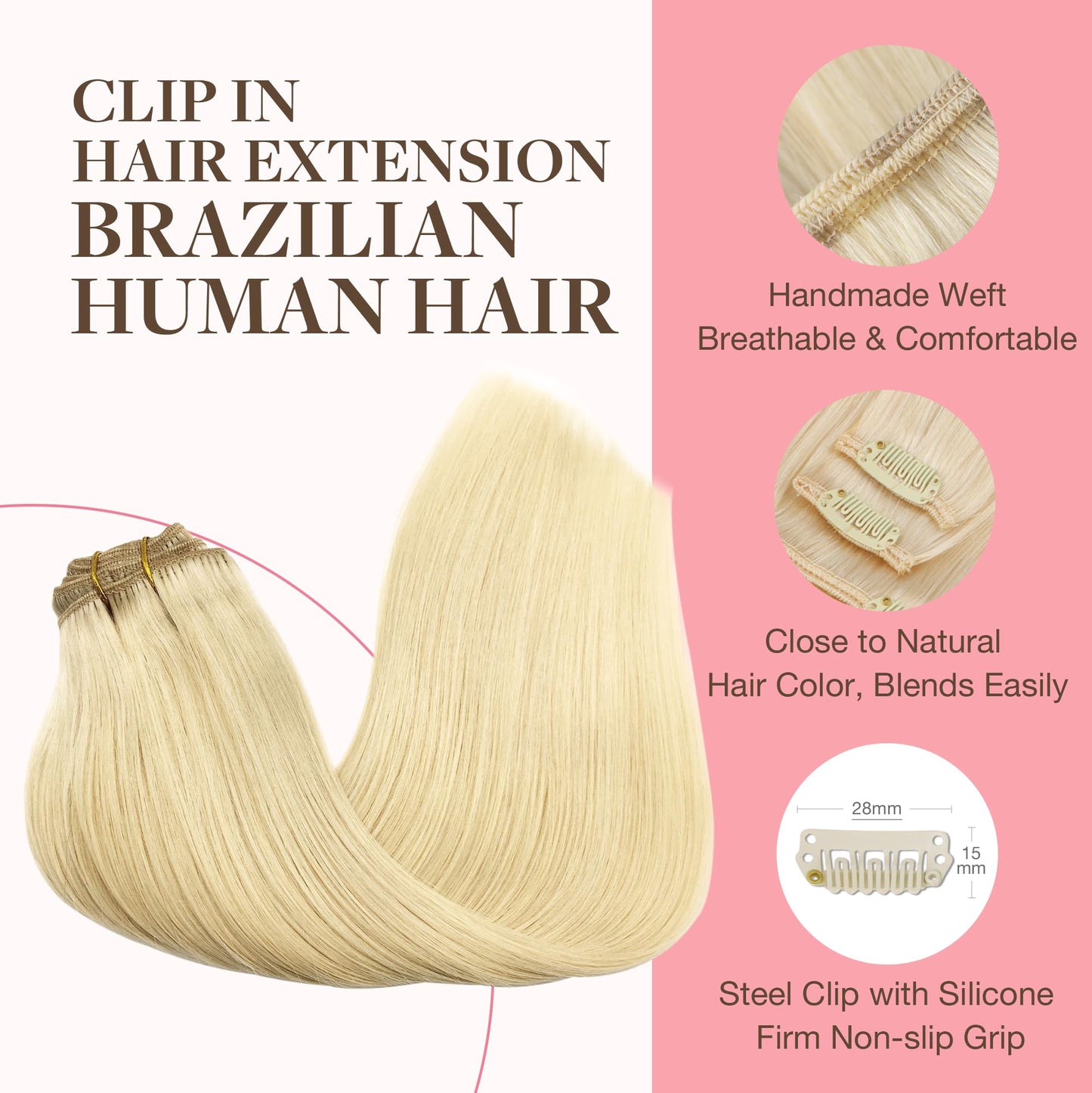 GOO GOO Clip in Hair Extensions Real Human Hair, Remy Human Hair Extensions Clip ins for Women, Natural Human Hair, 14inch 120g 7Pcs, 613R Bleach Blonde