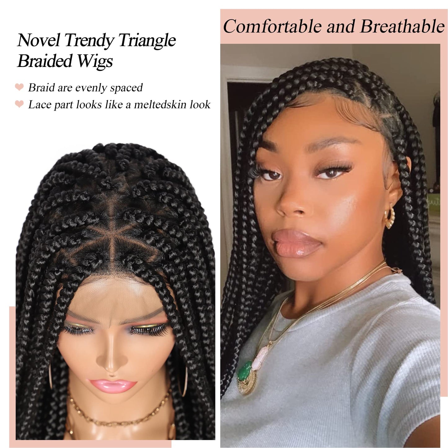 Lexqui 36'' Knotless Box Braided Wigs for Women Braided Lace Wigs Triangle Lace Front Braided Wig Premium Synthetic Full Double Lace Braided wig with Baby Hair Braid Lace Front Wig